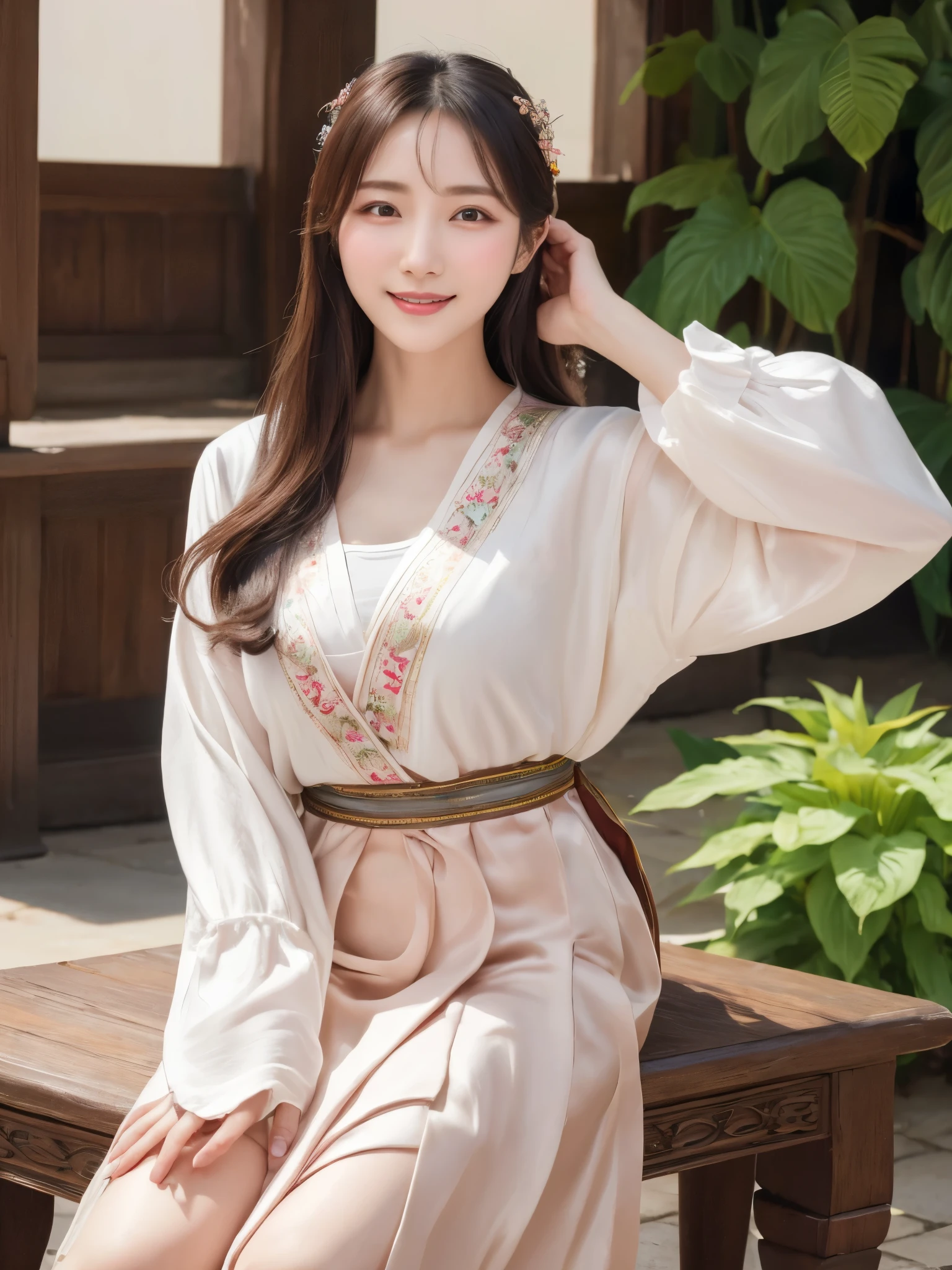 ((real photos:1.3)),((Super detailed)),((sharp:1.5)),1 female, A Korean-style woman walks around the palace，Smiling face。Beautiful breast shape,Hair tied up and fixed with hostas，Makeup，fair complexion and light pink lips，Wearing a bright 저고리 made of very good material and beautifully embroidered, only worn by the royal family.，Wide sleeves，Take off half to see beautiful breasts,But no nipples are seen,Pair it with a flowing 치마 skirt in a contrasting color，Wearing traditional flat silk shoes，soft light，Ultra-high realism --style raw --s 400 --ar 4:3 -- in 6

