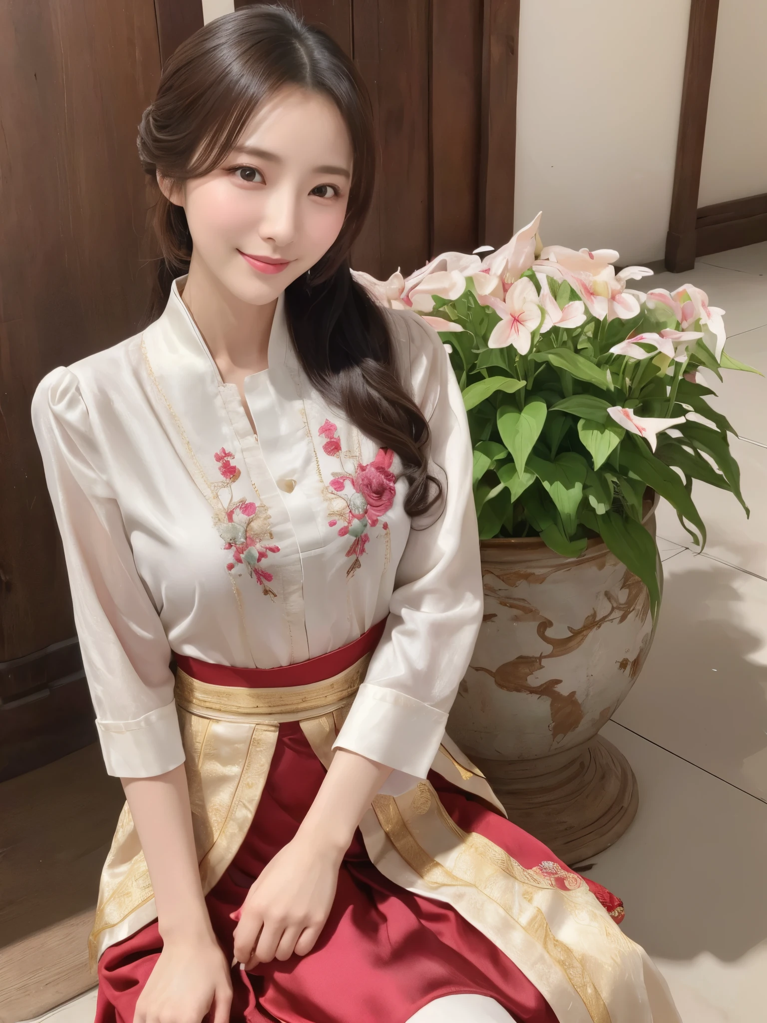 ((real photos:1.3)),((Super detailed)),((sharp:1.5)),1 female, A Korean-style woman walks around the palace，Smiling face。Beautiful breast shape,Hair tied up and fixed with hostas，Makeup，fair complexion and light pink lips，Wearing a bright 저고리 that is made of very good material and beautifully embroidered, only worn by the royal family.，Wide sleeves，Take off half of it and see beautiful breasts,But no nipples are seen,Pair it with a flowing 치마 skirt in a contrasting color，Wearing traditional flat silk shoes，soft light，Ultra-high realism --style raw --s 400 --ar 4:3 -- in 6
