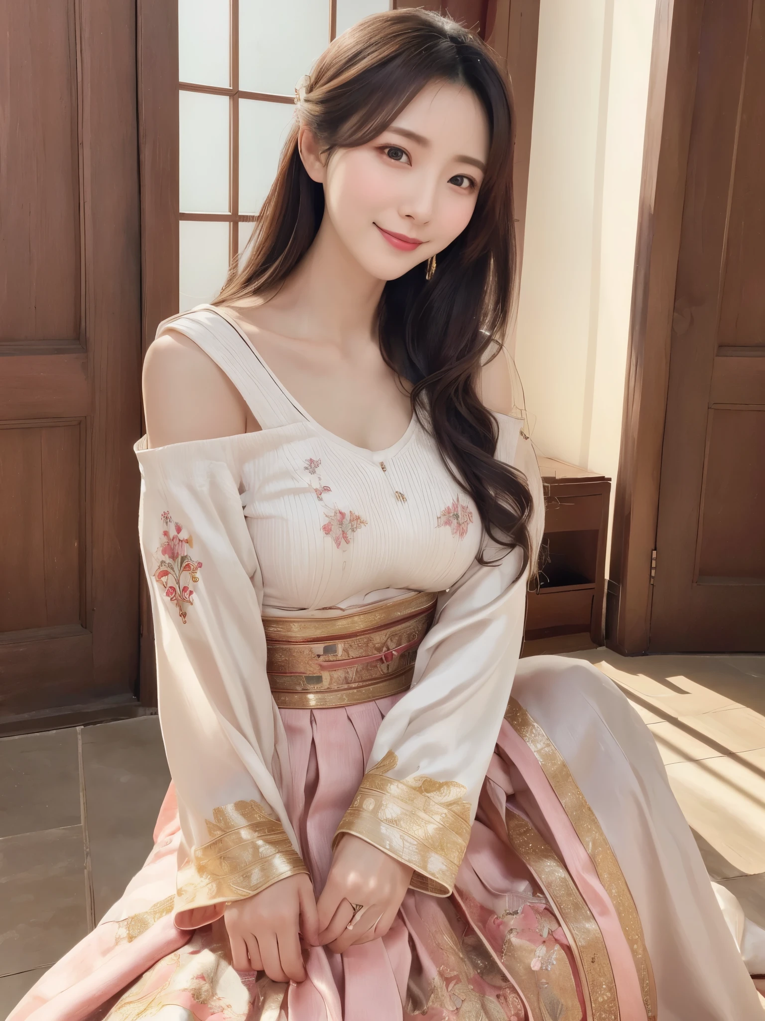 ((real photos:1.3)),((Super detailed)),((sharp:1.5)),1 female, A Korean-style woman walks around the palace,Smiling face。Beautiful breast shape,Hair tied up and fixed with hostas,Makeup,fair complexion and light pink lips,Wearing a bright 저고리 that is made of very good material and beautifully embroidered, only worn by the royal family.,Wide sleeves,Take off half of it and see beautiful breasts,But no nipples are seen,Pair it with a flowing 치마 skirt in a contrasting color,Wearing traditional flat silk shoes,soft light,Ultra-high realism --style raw --s 400 --ar 4:3 -- in 6