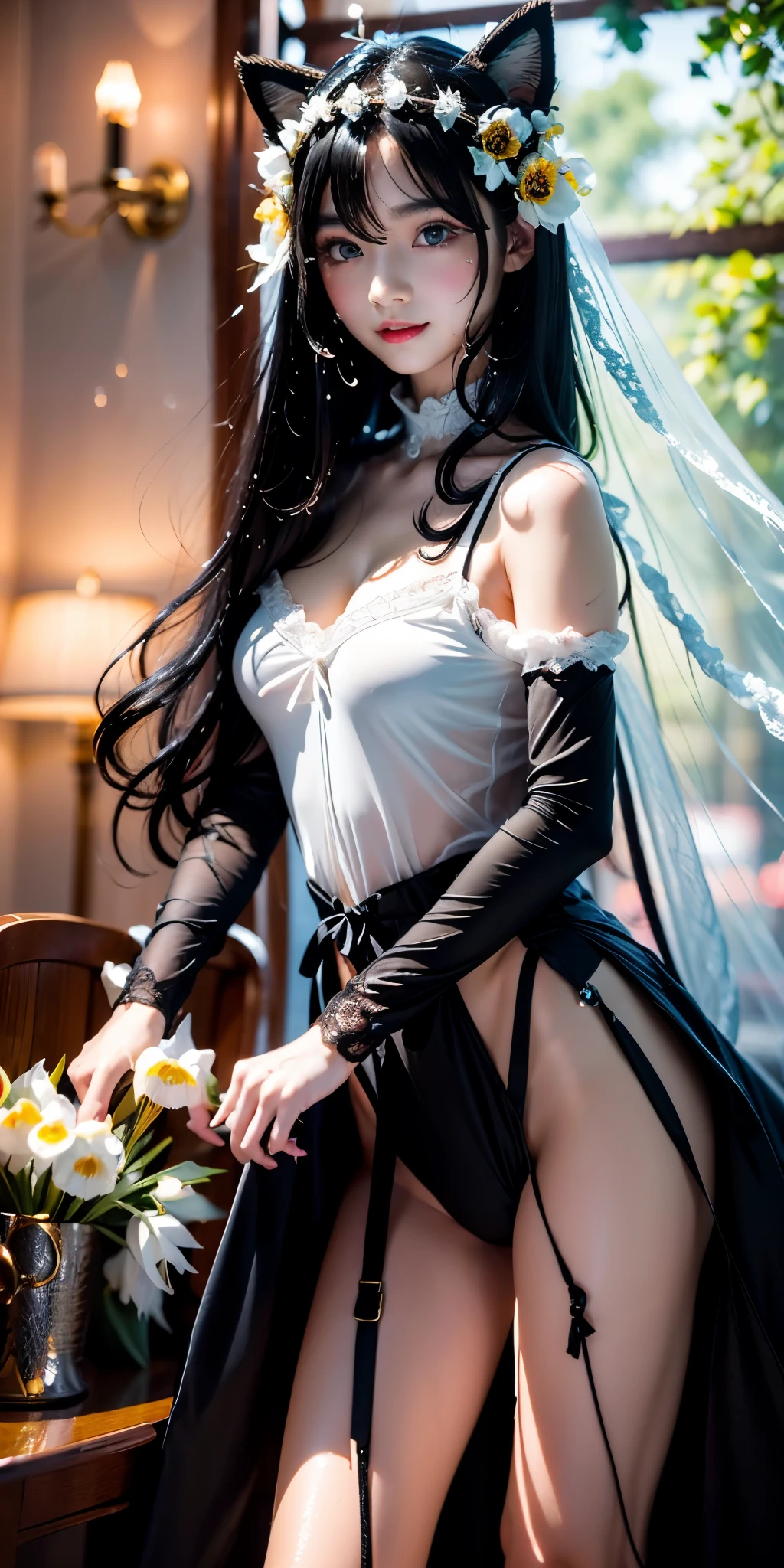 on bedroom,A woman who is,cabellos largos dorados,Blue eyes,white lace wedding dress,White stockings with lace,spread their legs