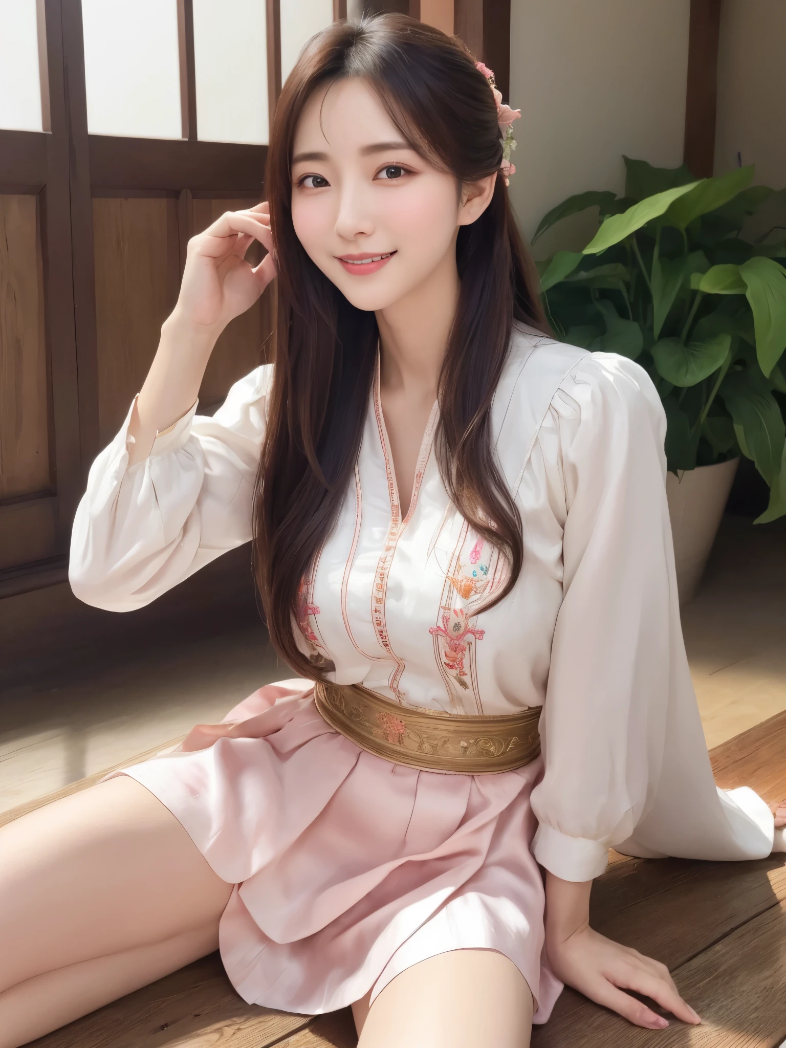 ((real photos:1.3)),((Super detailed)),((sharp:1.5)),1 female, A Korean-style woman walks around the palace,Smiling face。Beautiful breast shape,Hair tied up and fixed with hostas,Makeup,fair complexion and light pink lips,Wearing a bright 저고리 that is made of very good material and beautifully embroidered, only worn by the royal family.,Wide sleeves,Take off half to see beautiful breasts,But no nipples are seen,Pair it with a flowing 치마 skirt in a contrasting color,Wearing traditional flat silk shoes,soft light,Ultra-high realism --style raw --s 400 --ar 4:3 -- in 6