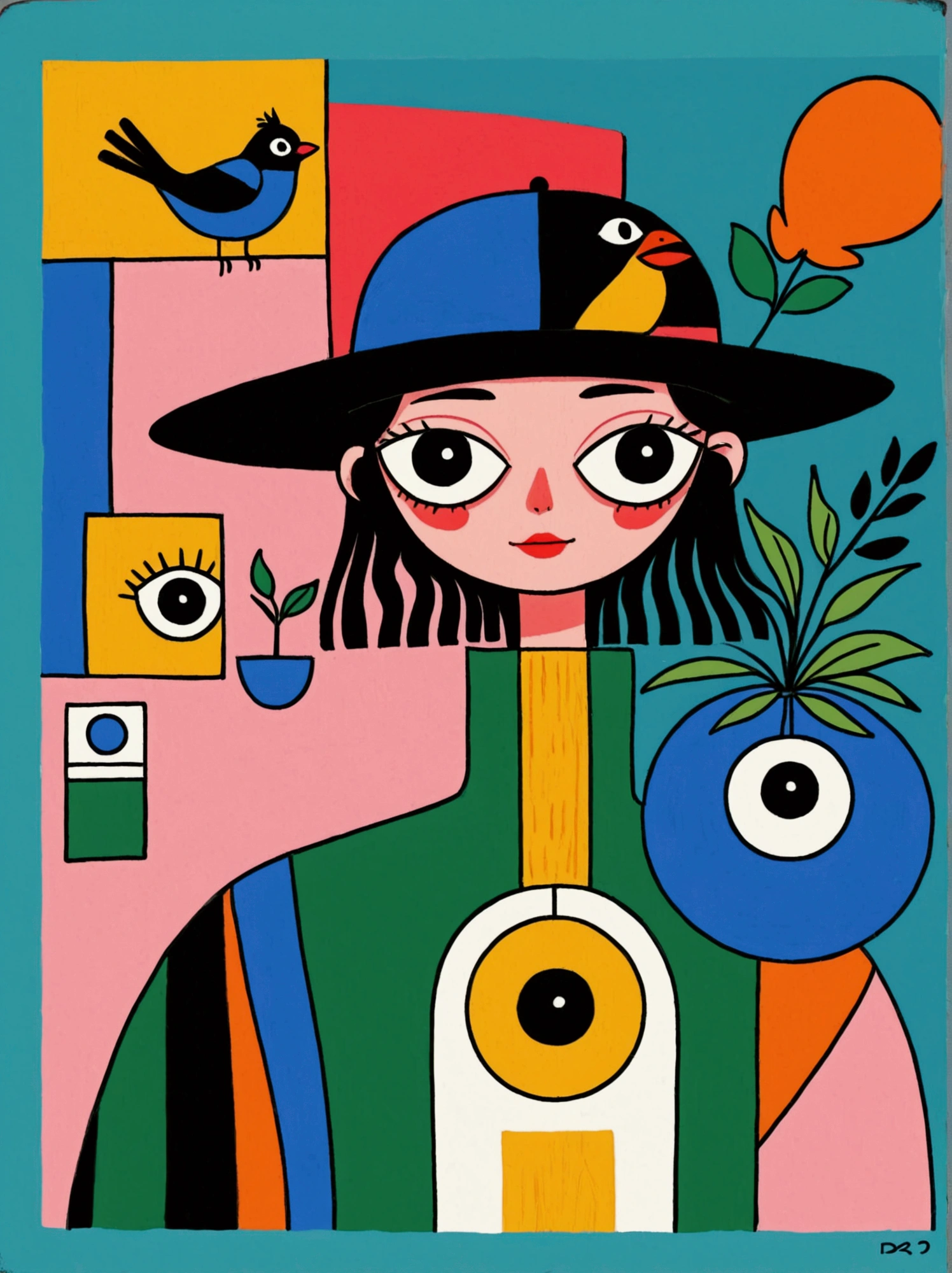 in the style of Thierry Noir（artist），
a painting with a funny looking cat with a hat holding a red bird , in the style of de stijl, playful cartoons, monumental figures, vivid birdlife, maquette, fine lines, childlike innocence 