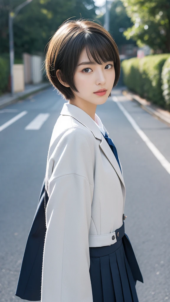 woman、high school student、Japanese high school blazer uniform、((((Center parted very short hair)))), Background is the bedroom、boyish、The background is the school gate.、Slanted Eyes、Beauty、High image quality、masterpiece、Looking at this、solo、Anatomically correct、High resolution, Ultra high definition, Textured skin, suit、Front shot、Looking at the camera、まっすぐに立ってLooking at this、