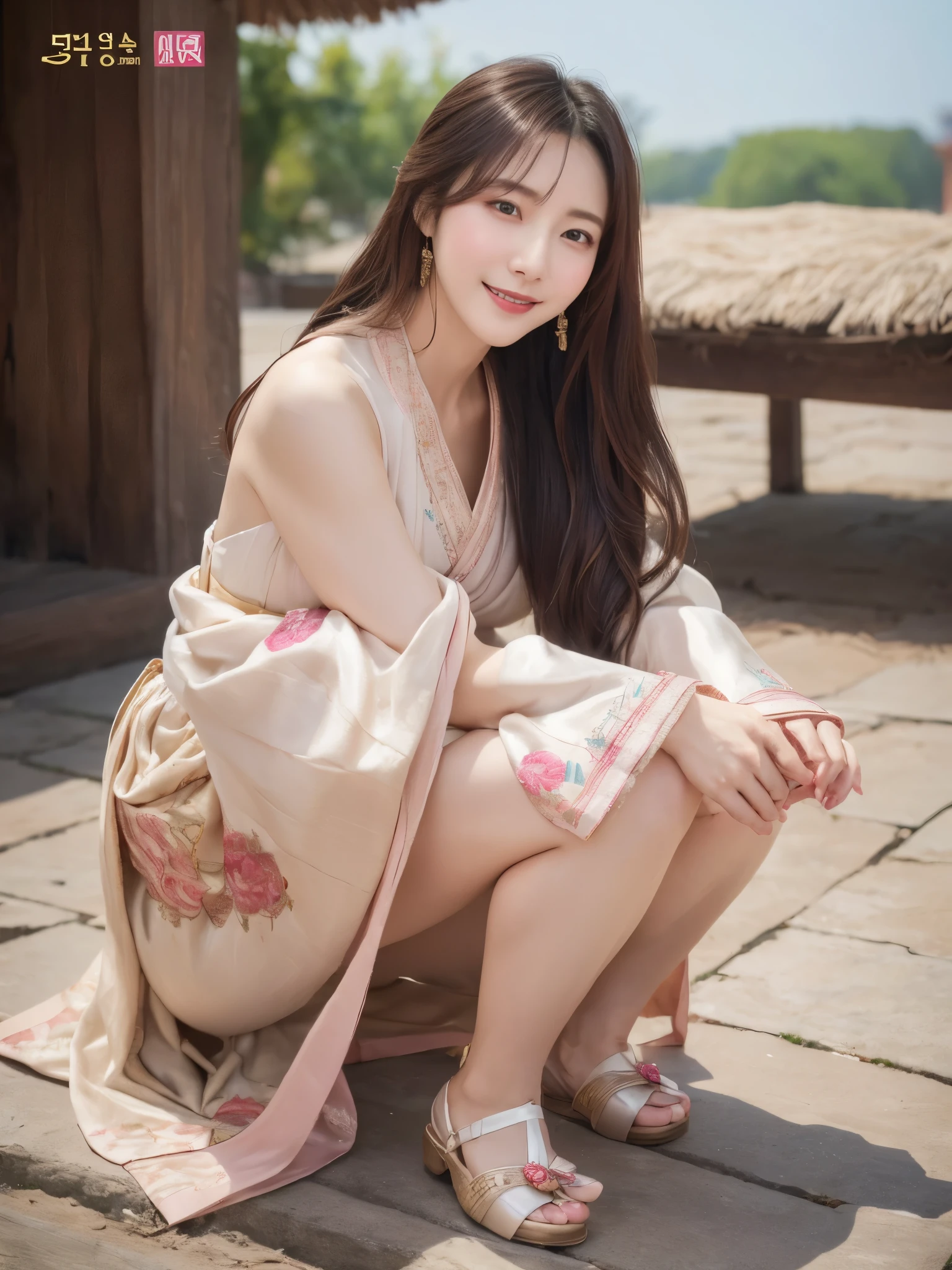 ((real photos:1.3)),((Super detailed)),((sharp:1.5)),1 female, A Korean-style woman walks around the palace，Smiling face。Beautiful breast shape,Hair tied up and fixed with hostas，Makeup，fair complexion and light pink lips，Wearing a bright 저고리 that is made of very good material and beautifully embroidered, only worn by the royal family.，Wide sleeves，Take off half to see beautiful breasts,But no nipples are seen,Pair it with a flowing 치마 skirt in a contrasting color，Wearing traditional flat silk shoes，soft light，Ultra-high realism --style raw --s 400 --ar 4:3 -- in 6
