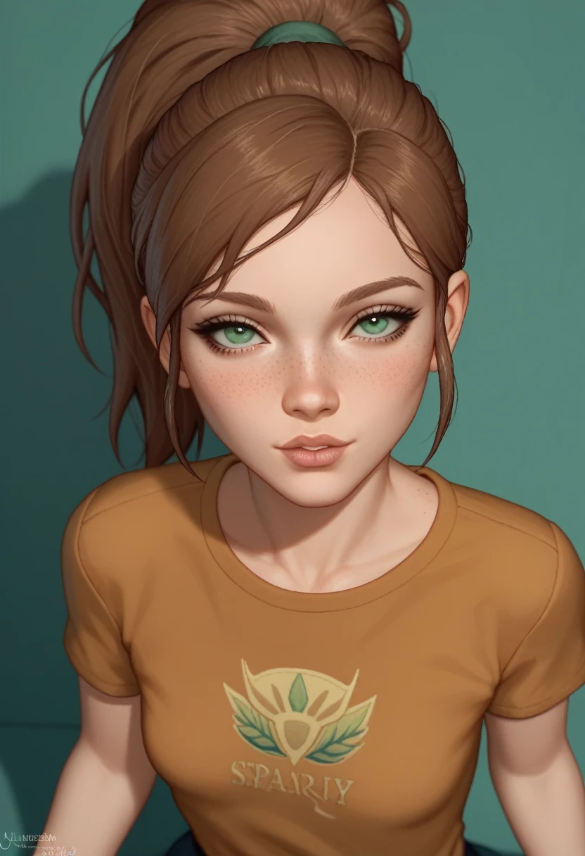 score_9,score_8_up,score_7_up,1girl, green eyes, cute, [freckles], brown hair, ponytail, layered shabby brown shirt, flirty, lips, looking at viewer, half closed eyes, small breast, looking up, from the top view, luisap, (spark in the eyes)