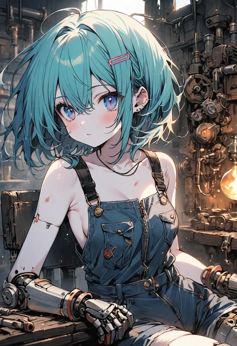 ((top quality)),((masterpiece)),((perfect face)),(ultra-detailed), ultra high res, 8k, ((mechanic, mechanic jumpsuit, ***ite girl, petite, Blue Eyes, drooping eyes, middle size breasts, black tank top underneath, crop top, goggles, robotic mechanical limbs, robot joints, mechanical arms, prosthetic leg, mechanical parts, boots, stains on clothes)), (sitting on the chair), (((wearing denim jacket))), ((beautiful thin blue hair, short hair)), ((white skin)), ((workshop, tools on wall, steam, pipes, Broken Robot)), 1girl, solo, Kawaii Tech, Pastel Colors, Cute, Cute Colors, Very Beautiful, Cute, Adorable, masterpiece, best quality, very aesthetic, intricate colors, vibrant colors, steampunk, hatsune miku