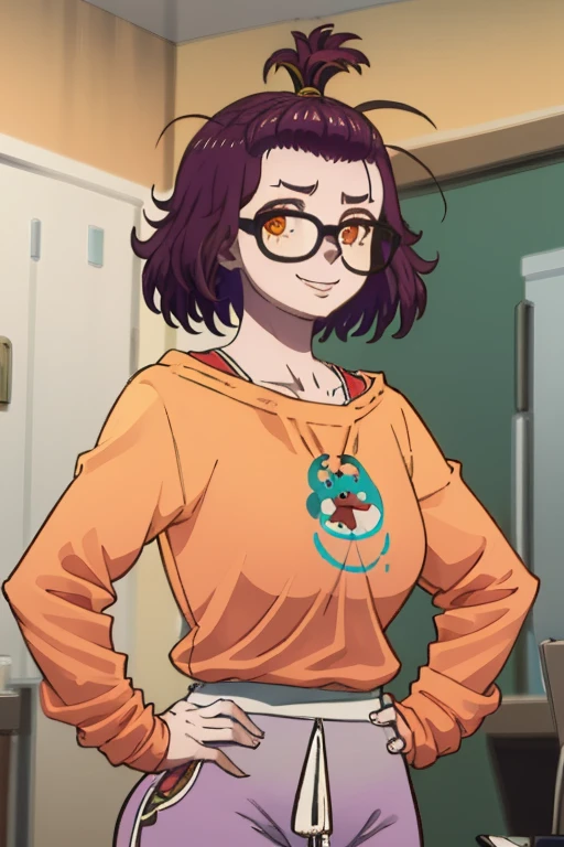 (masterpiece, best quality:1.2), solo, 1girl, kamino mei, smile, looking at viewer, hand on hip, glasses, collared shirt, long sleeves, black pants, vore belly, big belly, indoors 