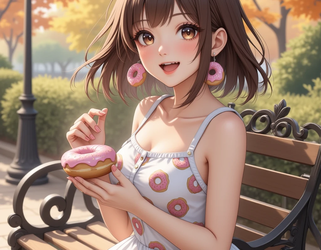 1girl, solo, close-up, hime cut, wide smile, whimsical hat, donut earrings, donut-print dress, holding a donut, sitting on ornate bench, autumn park, warm lighting.