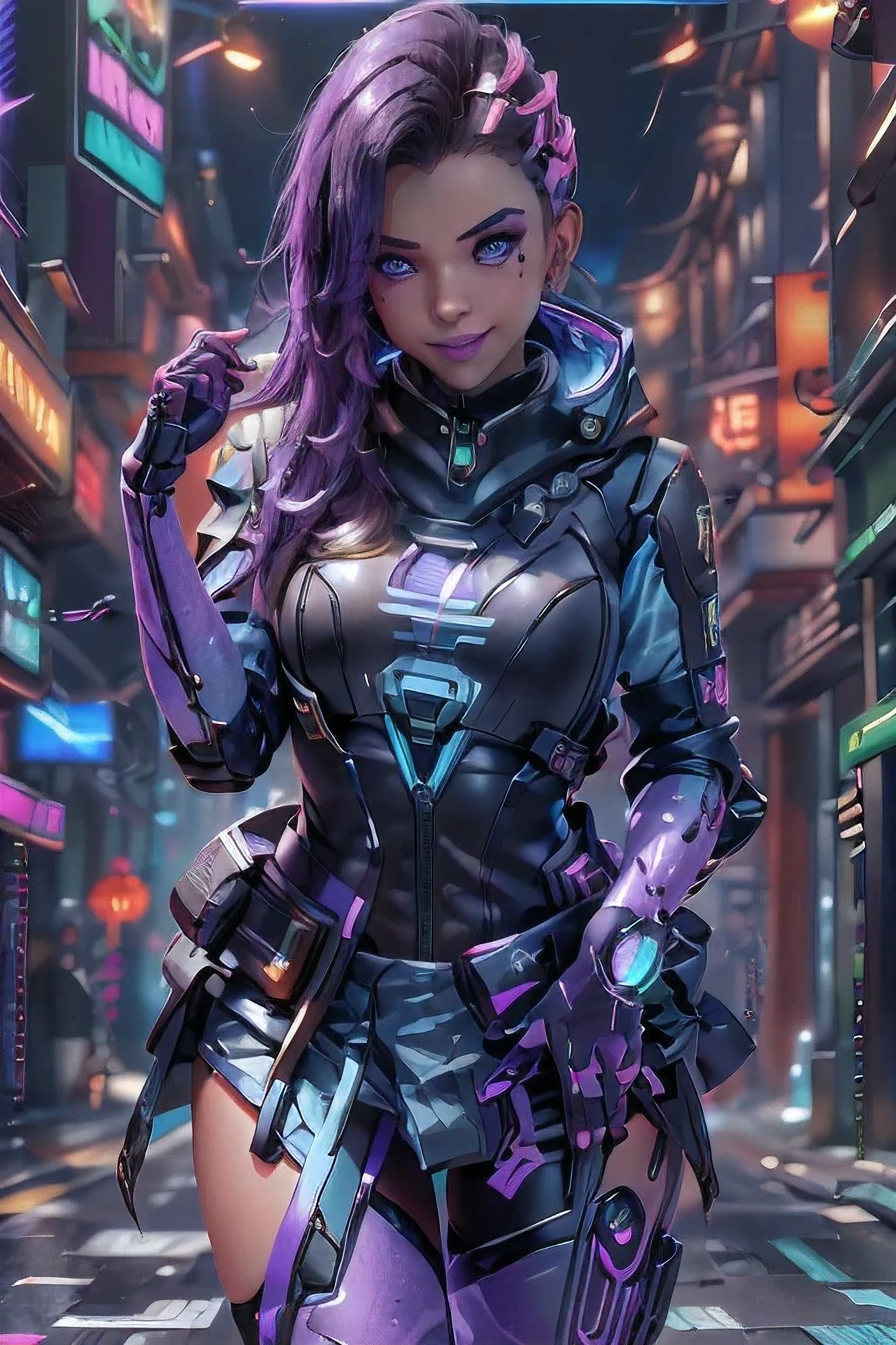 sombra from overwatch, hacking pose pose, purple eyes, seductive face, mischievous smile, photorealistic, hyperrealistic, shinny skkin, refflective skin, best quality, 4k, 8k, intrincate bacground details, intrincate clothes pattern, shinny skin, reflectuve skin, moist skin, perfect fce, perfect body, perfect skin, perfect eyes, hackedtech, scifi, cyberpunk, data stream, (masterpiece, best quality, realistic, highly detailed:1.2), (purple glow:1.1), pixelated, distortion, half shot, (1girl), (glistening eyes:0.8), simple background, standing