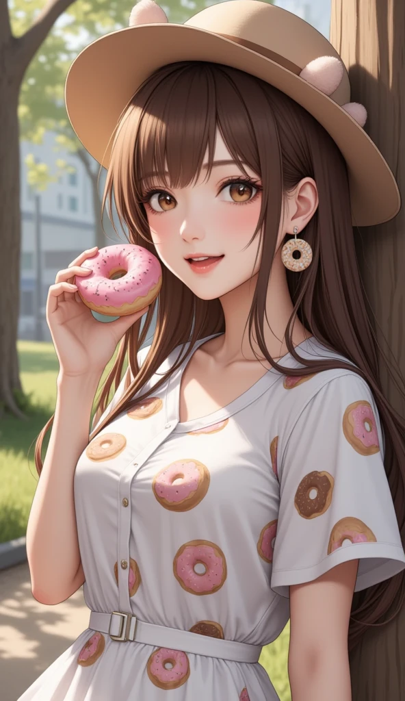 1girl, solo, close-up, long hair, wide smile, whimsical hat, donut earrings, donut-print dress, holding a donut, leaning on a tree, city park, warm lighting.