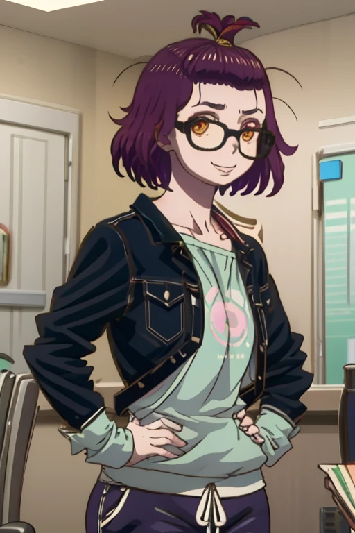 (masterpiece, best quality:1.2), solo, 1girl, kamino mei, smile, looking at viewer, hand on hip, glasses, collared shirt, long sleeves, black pants, indoors 