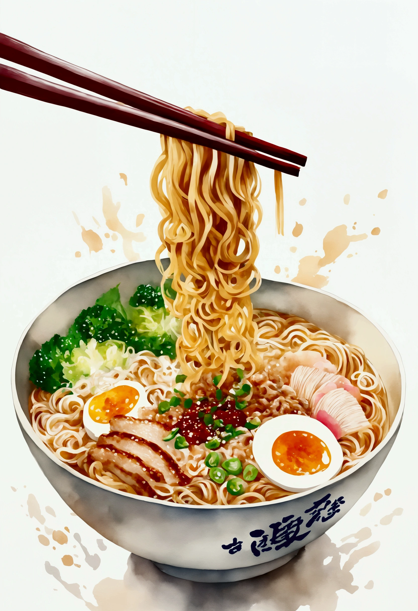 there is a huge extremely delicious bowl of ramen noodle, chopstick go up, waving noodle, illustration, isolated with solid white background, surrounded with negative space, centered compositon, 8k, highly detailed painting, very precise painting, Isolated, clear brilliant white background, perspective angle of view, realistic, watercolor