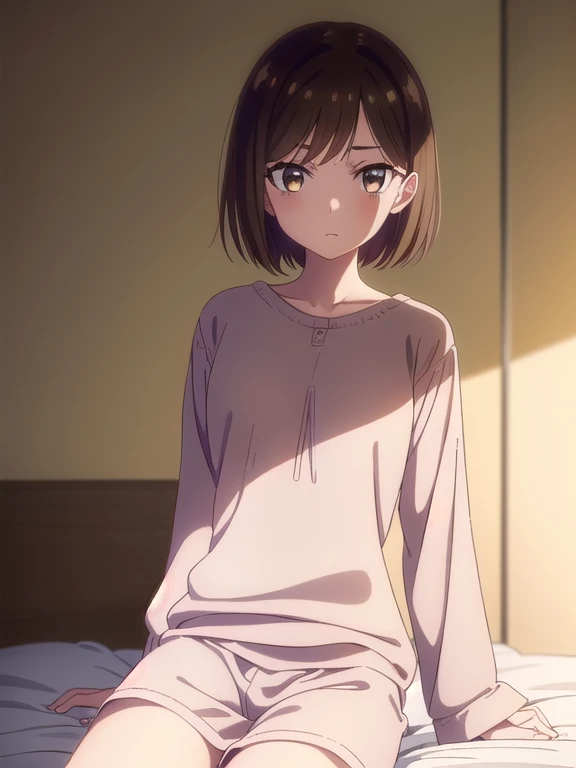 Ochaco Uraraka,white bra, wearing pink pajamas shorts, nice environment, super detailed, high quality ,laying in bed with veiwer,looking at viewer