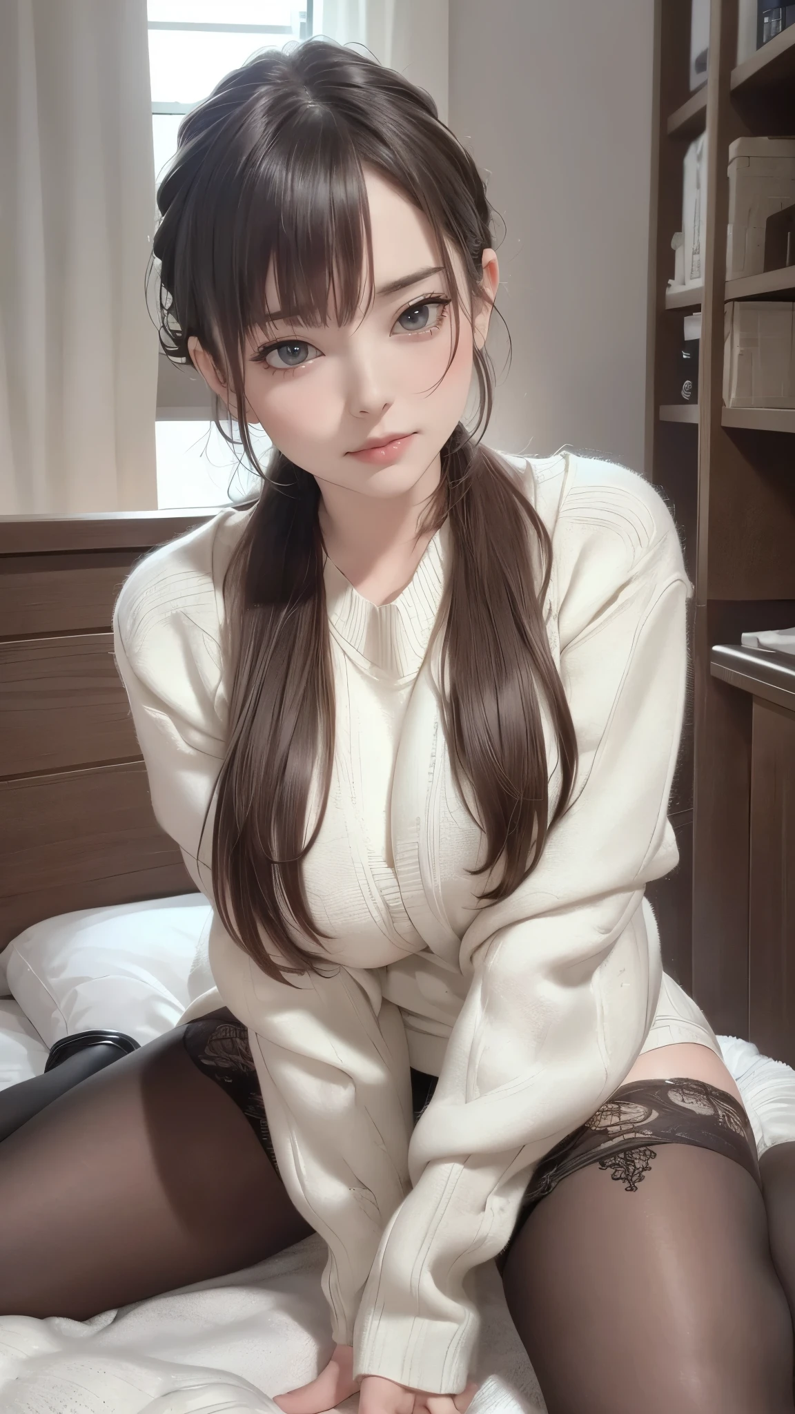 masterpiece of a beautiful girl wetting self on the bed, a puddle mud lies on the sheets. she has long hair, pp clothes (eyecontact:1.1) brown slime dripping from the pantyhose in JJROOM, scenery,