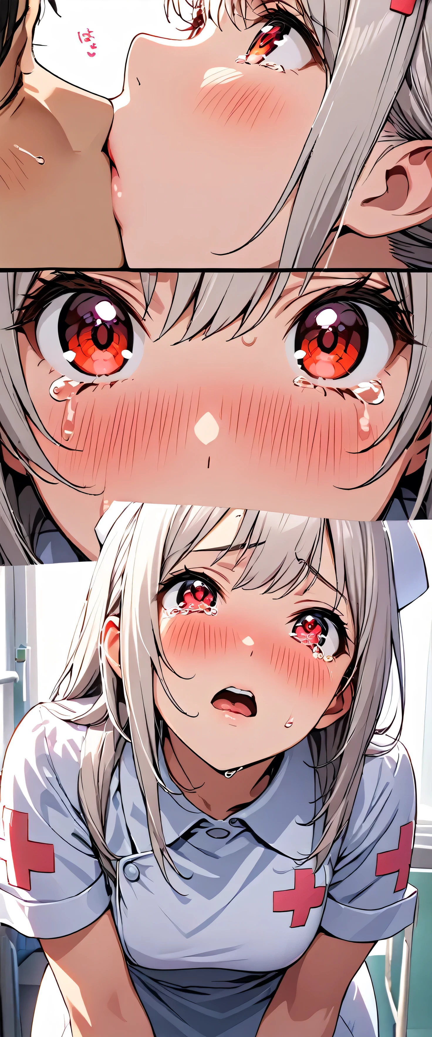 (beautiful girl: 1.3),1girl,masterpiece,Highest quality,Ultra-high resolution,rich contrast,super high quality,8k,Highly detailed CG unit wallpaper,texture,Incredibly absurd,RAW Photos,Highest quality anime,Depth of Field 1.2,Ultra-detailed eyes,Glowing Skin,Glitter effect,Beautiful glossy lips,(Silver-white hair,Long Hair),Red Eyes,nurse uniform,Nurse working at the hospital,white nurse uniform,(cry),Embarrassing,blush,Leaning forward,Looking up,Tilt your head,(close up),1boy,Male doctor,(((Kiss)))