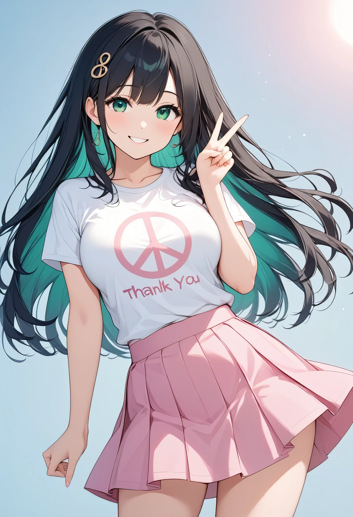 ((Best Quality, 8k, masterpiece: 1.3)),Human Girl,((Petite,Glamorous Body,Curvy)),cute,Smiling face,((Long black hair)),Beautiful emerald green eyes,Peace sign with both hands,White T-shirt,Pink mini skirt,Cowboy Shot,The background is light blue,cover "Thank you1100",
