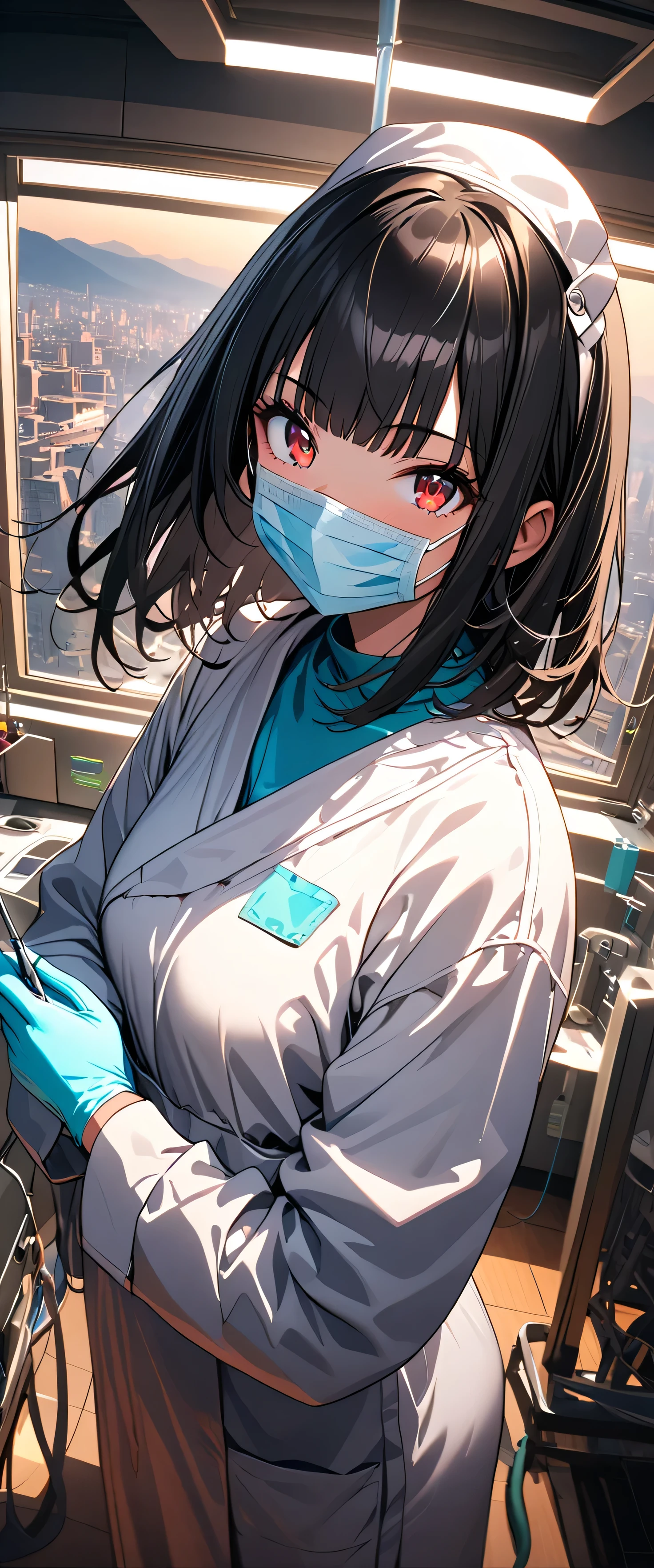 (Masterpiece, best quality: 1.2), (Super detailed), (Illustration), wallpaper, original, 1girl, black ponytail hair, white coat, dentist, whole body, dentist, doctor, large syringe, high-tech glass jar with green liquid, dentist operating table
