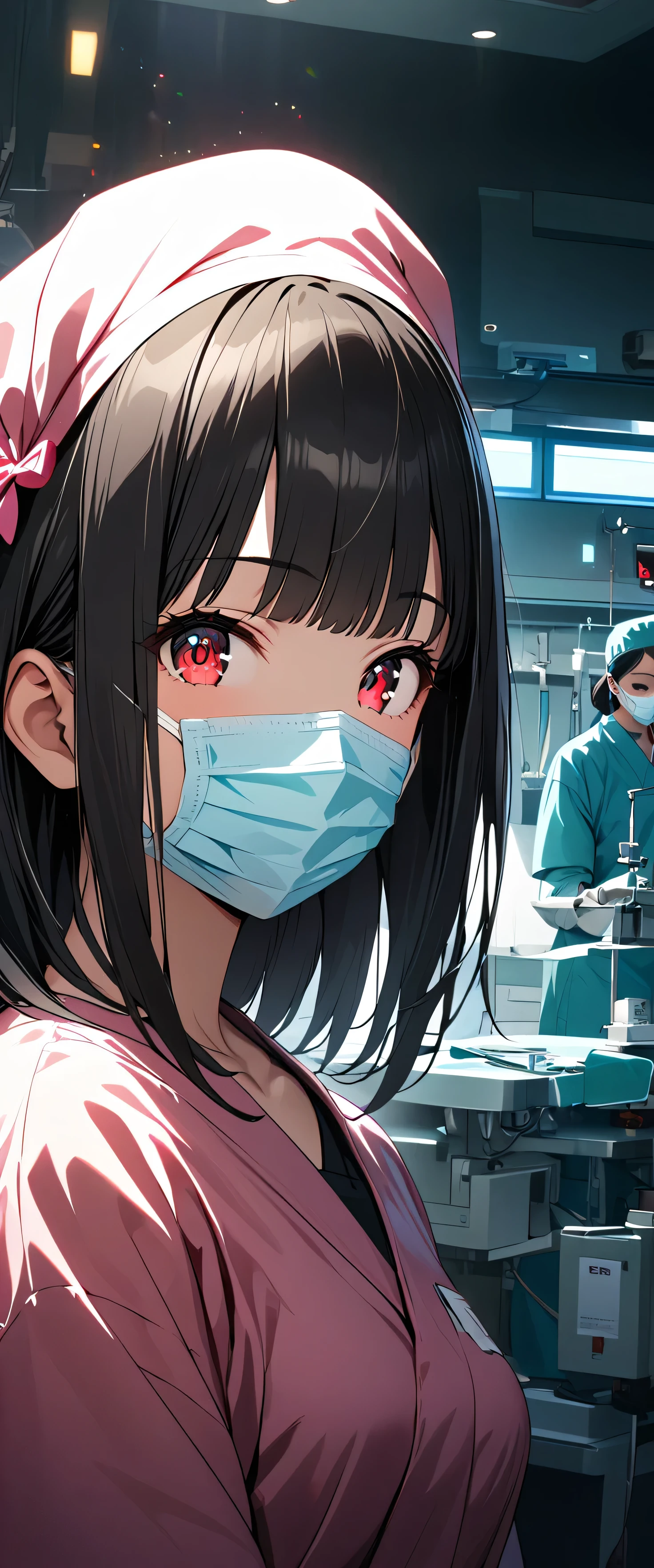 Anime Surgical nurse wearing a bouffant cap surgical mask a face shield and black latex gloves holding a scalpel  all of her ppe is bloody her gloves and surgical mask are covered in      blood splotches   has red eyes