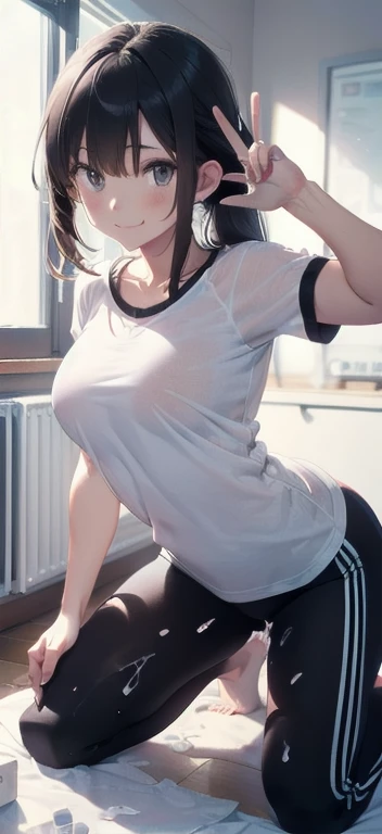 girl, Sweat, vapor, Center of chest, shy, Great hands, Looking at the audience, Cute Smile