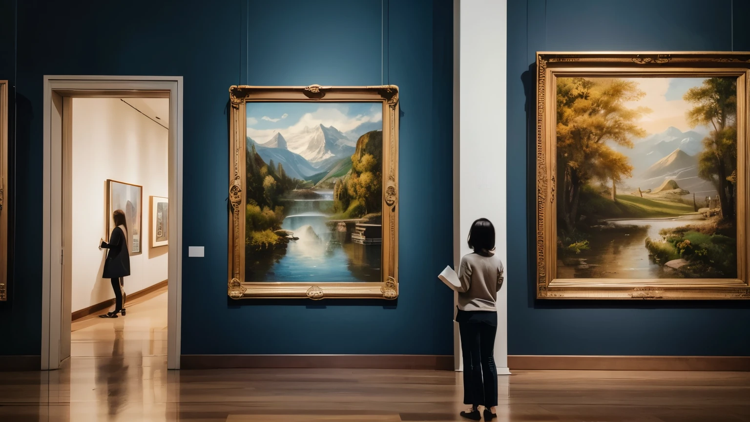 A woman is looking at a painting, Standing Alone、On the walls of the museum、Decorated with contemporary art、8k、Best Quality、High image quality、masterpiece、wallpaper、