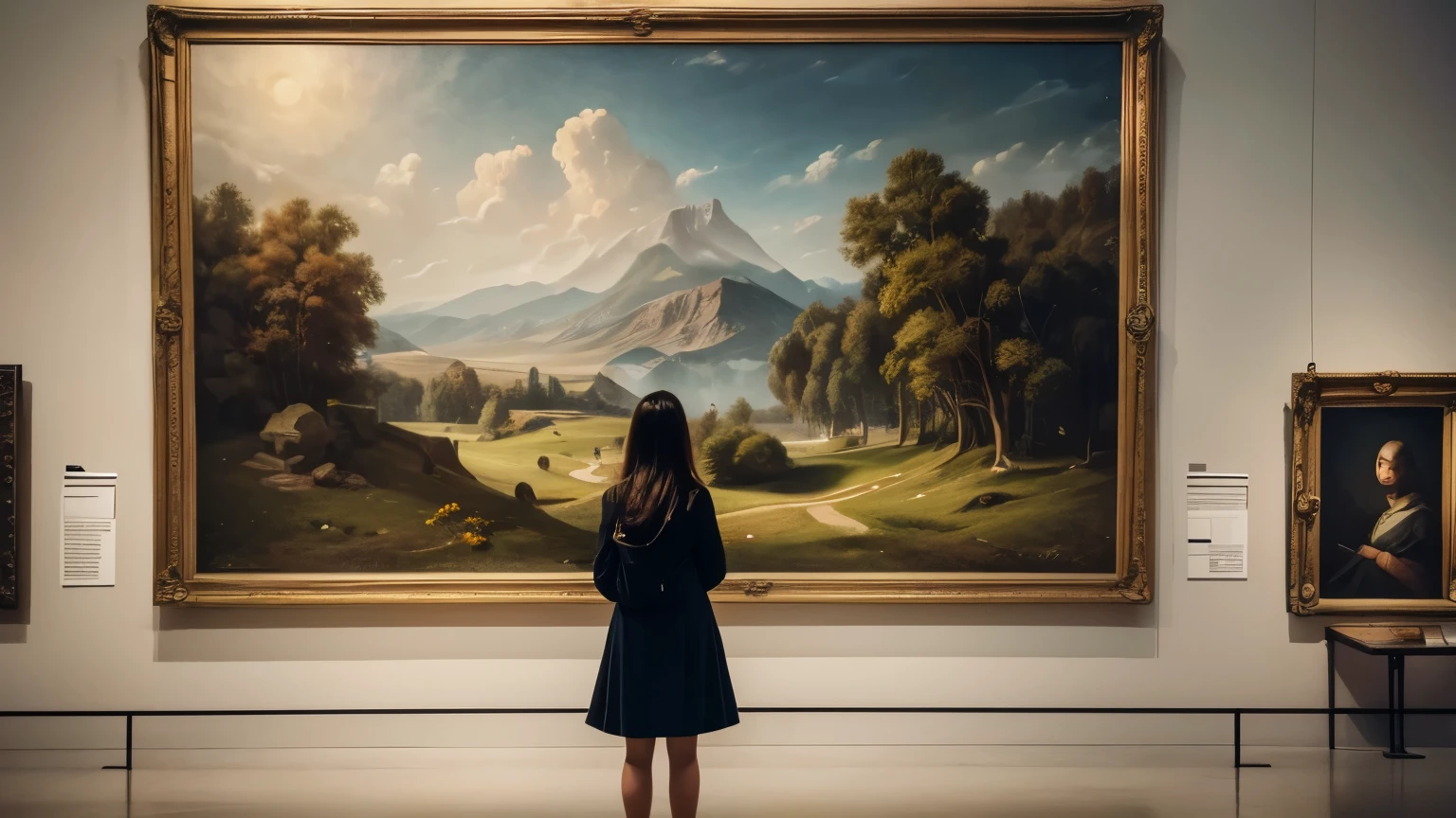 A woman is looking at a painting, Standing Alone、On the walls of the museum、Decorated with contemporary art、8k、Best Quality、High image quality、masterpiece、wallpaper、