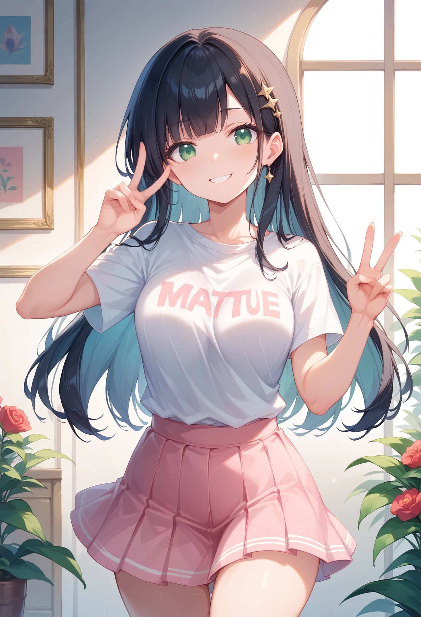 ((Best Quality, 8k, masterpiece: 1.3)),Human Girl,((Petite,Glamorous Body,Curvy)),cute,Smiling face,((Long black hair)),Beautiful emerald green eyes,Peace sign with both hands,White T-shirt,Pink mini skirt,Cowboy Shot,The background is light blue,cover "Thank you1100",
