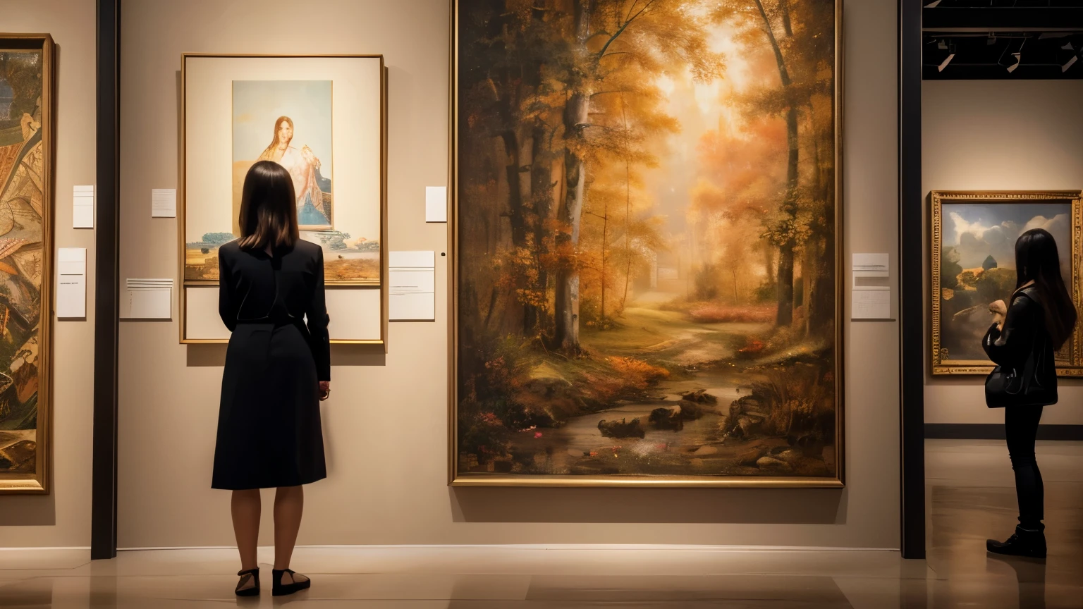 A woman is looking at a painting, Standing Alone、On the walls of the museum、Decorated with abstract paintings、8k、Best Quality、High image quality、masterpiece、wallpaper、