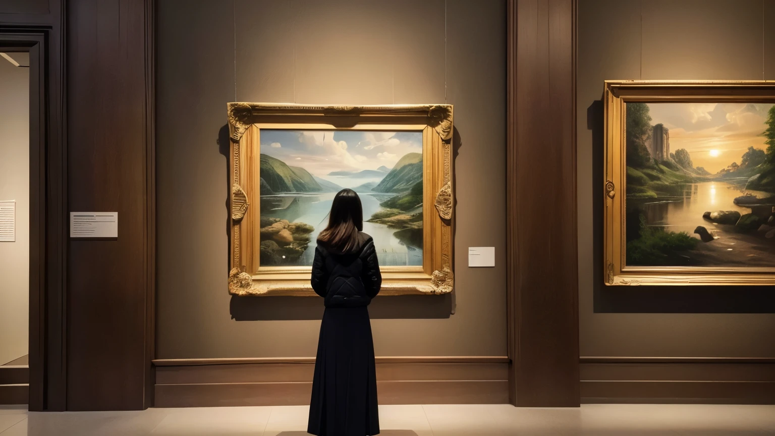 A woman is looking at a painting, Standing Alone、On the walls of the museum、Decorated with abstract paintings、8k、Best Quality、High image quality、masterpiece、wallpaper、