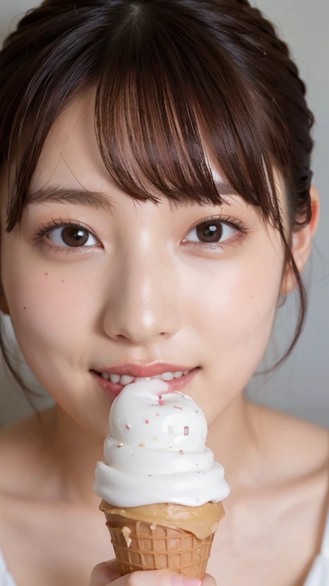 (face close up), (extremely detailed face), grin, detailed realistic skin, shiny skin, beautiful detailed eyes, beautiful shiny lips, (solo), young woman, 18yo, BREAK (licking icecream Soft Serve:1.3), 1 Ice Cream Soft Serve, (camisole), (BREAK ultra detailed, Best Quality, Masterpiece, 8K, realistic, realistic shading