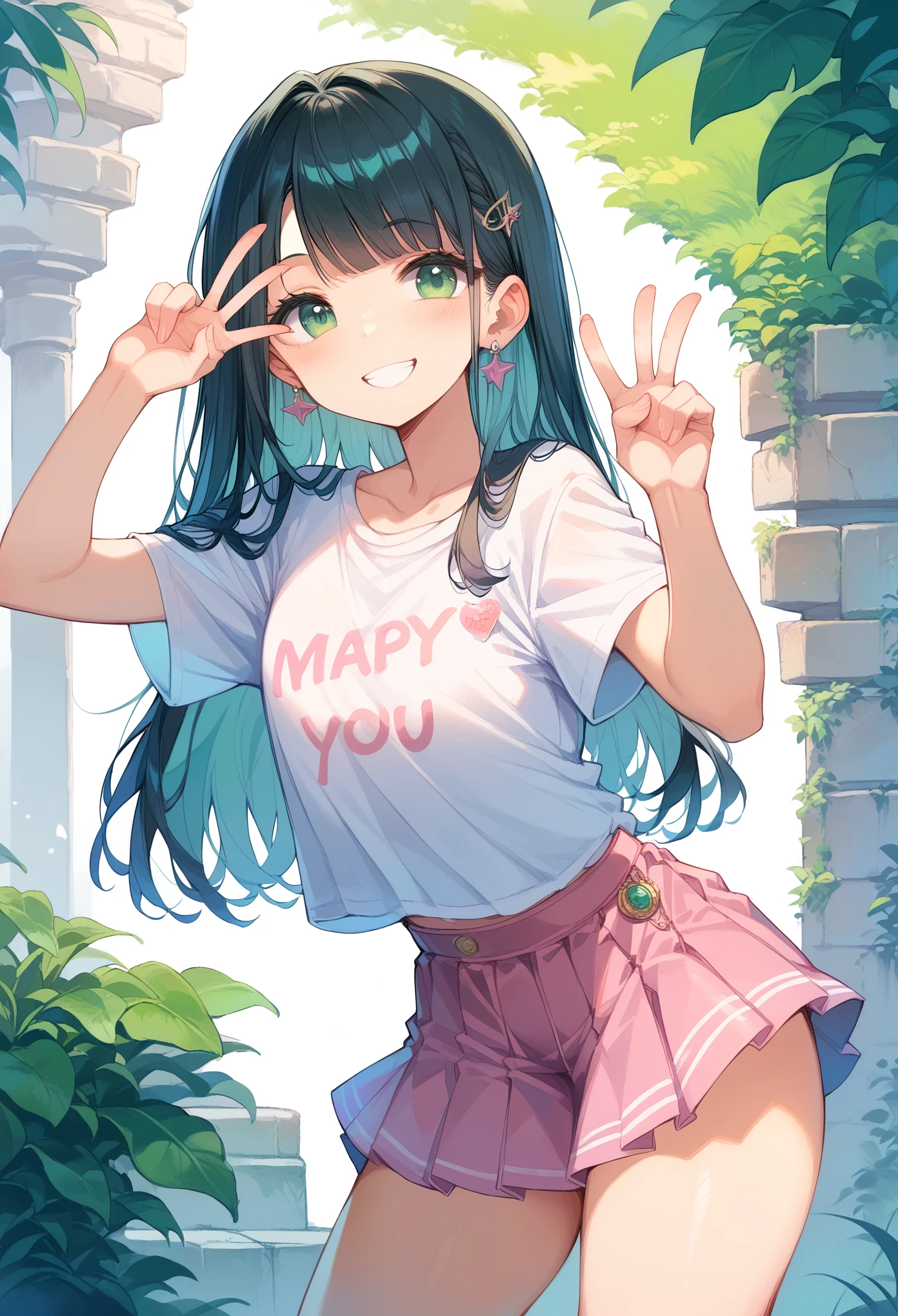 ((Best Quality, 8k, masterpiece: 1.3)),Human Girl,((Petite,Glamorous Body,Curvy)),cute,Smiling face,((Long black hair)),Beautiful emerald green eyes,Peace sign with both hands,White T-shirt,Pink mini skirt,Cowboy Shot,The background is light blue,cover "Thank you1100",
