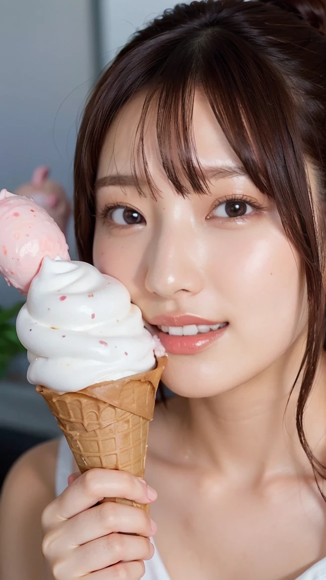 (face close up), (extremely detailed face), grin, detailed realistic skin, shiny skin, beautiful detailed eyes, beautiful shiny lips, (solo), young woman, 18yo, BREAK (licking icecream Soft Serve:1.3), 1 Ice Cream Soft Serve, (camisole), (BREAK ultra detailed, Best Quality, Masterpiece, 8K, realistic, realistic shading