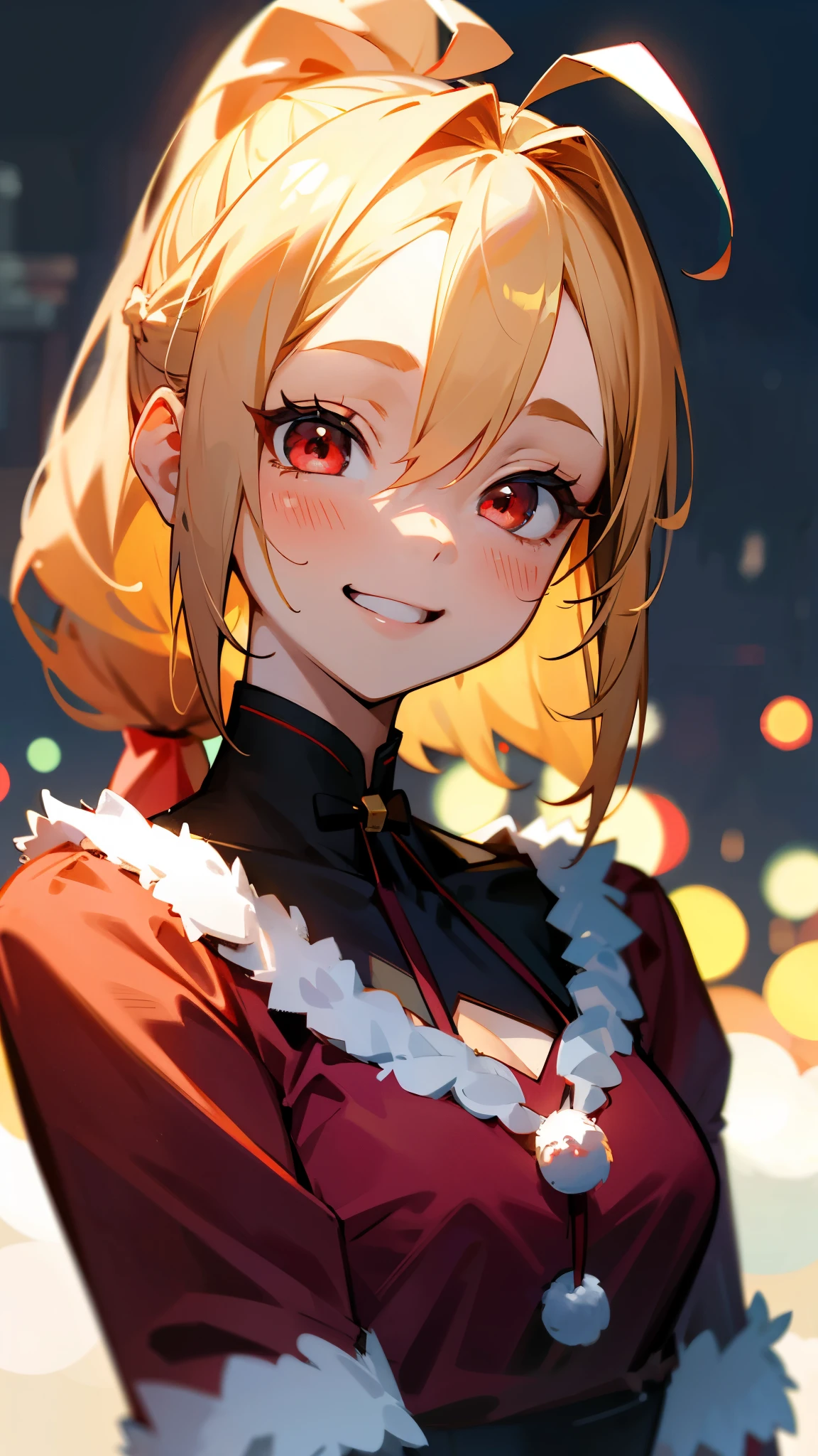 1 girl、Dressed as Santa、Blonde ponytail、Ahoge、Beautiful red eyes、smile、Laughter、Medium size chest、Christmas Outdoor、Subtle details、Upper body close-up、