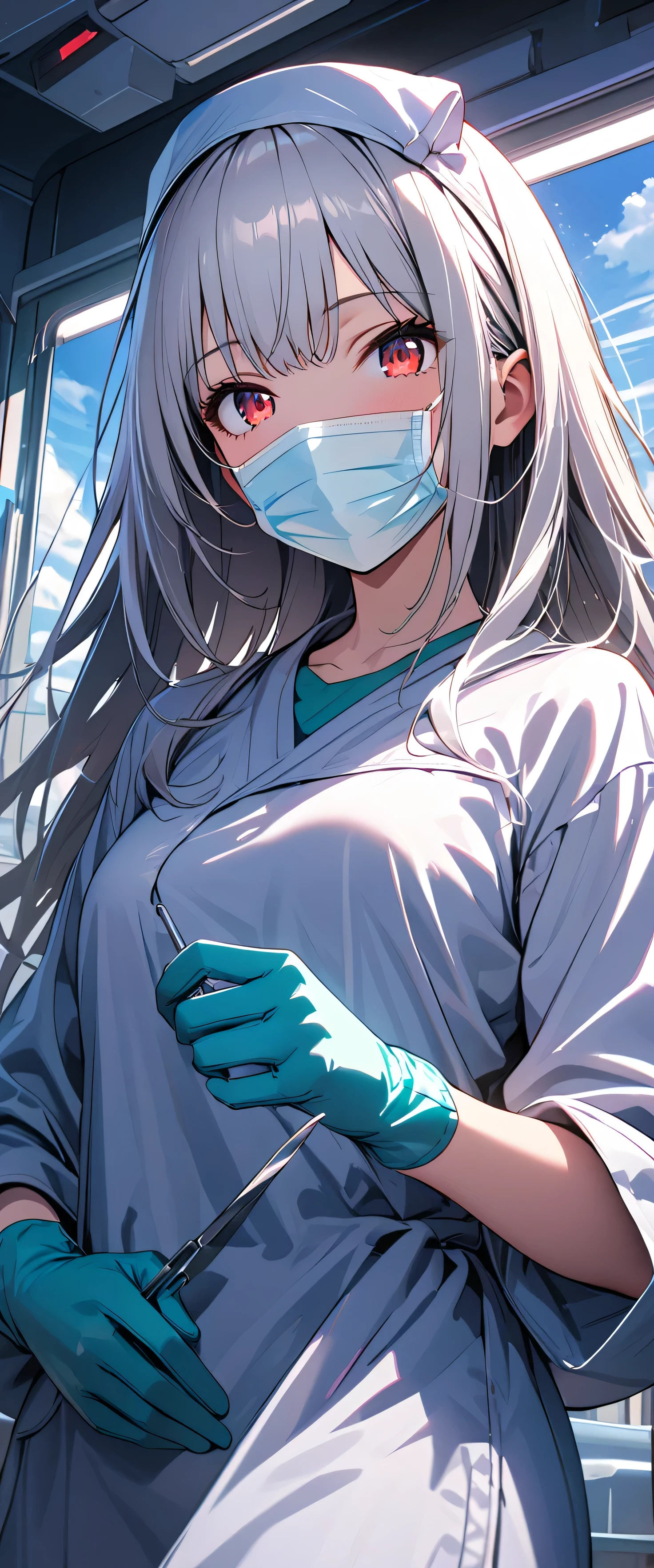 nsfw, masterpiece, best quality, 1girl,cowboy_shot, <lora:ConceptClothingSurgicalOutfit1_1:0.95> ((surgical outfit, surgical mask, long sleeves,long dress, surgical cap,latex gloves, folded hair)),latex uniform,( blood on clothes),alternate hair color, alternate eye color