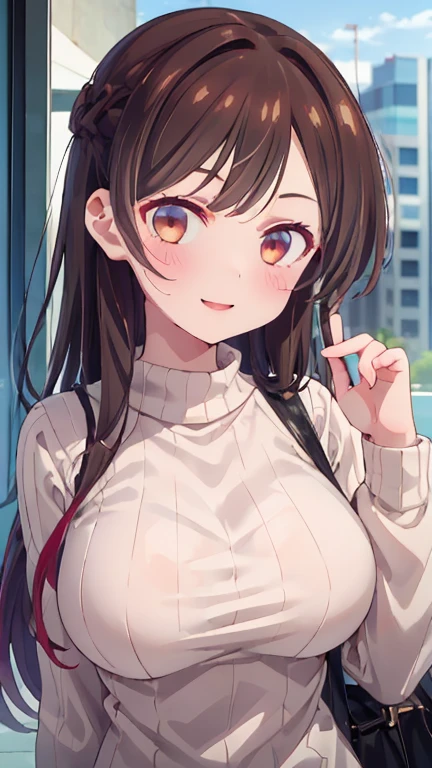 (((Pixel Perfect, detail-perfect))), Alone, One girl, Chizuru Ichinose, sweater, View your viewers, smile, Upper Body ,Large Breasts、