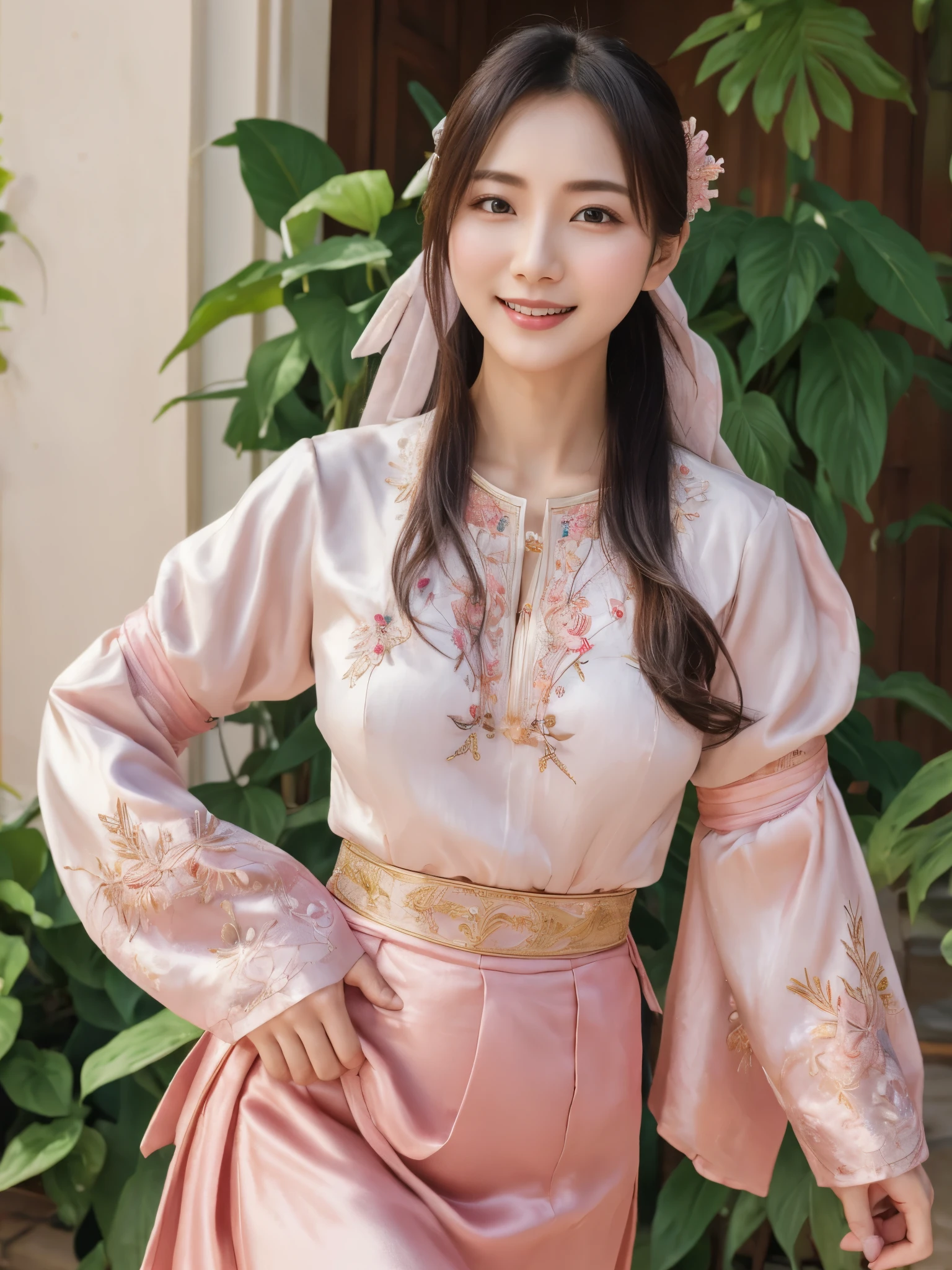 ((real photos:1.3)),((Super detailed)),((sharp:1.5)),1 female, A Korean-style woman walks around the palace，Smiling face。Beautiful breast shape,Hair tied up and fixed with hostas，Makeup，fair complexion and light pink lips，Wearing a bright 저고리 that is made of very good material and beautifully embroidered, only worn by the royal family.，Wide sleeves，Take off half of it and see beautiful breasts,But no nipples are seen,Pair it with a flowing 치마 skirt in a contrasting color，Wearing traditional flat silk shoes，soft light，Ultra-high realism --style raw --s 400 --ar 4:3 -- in 6
