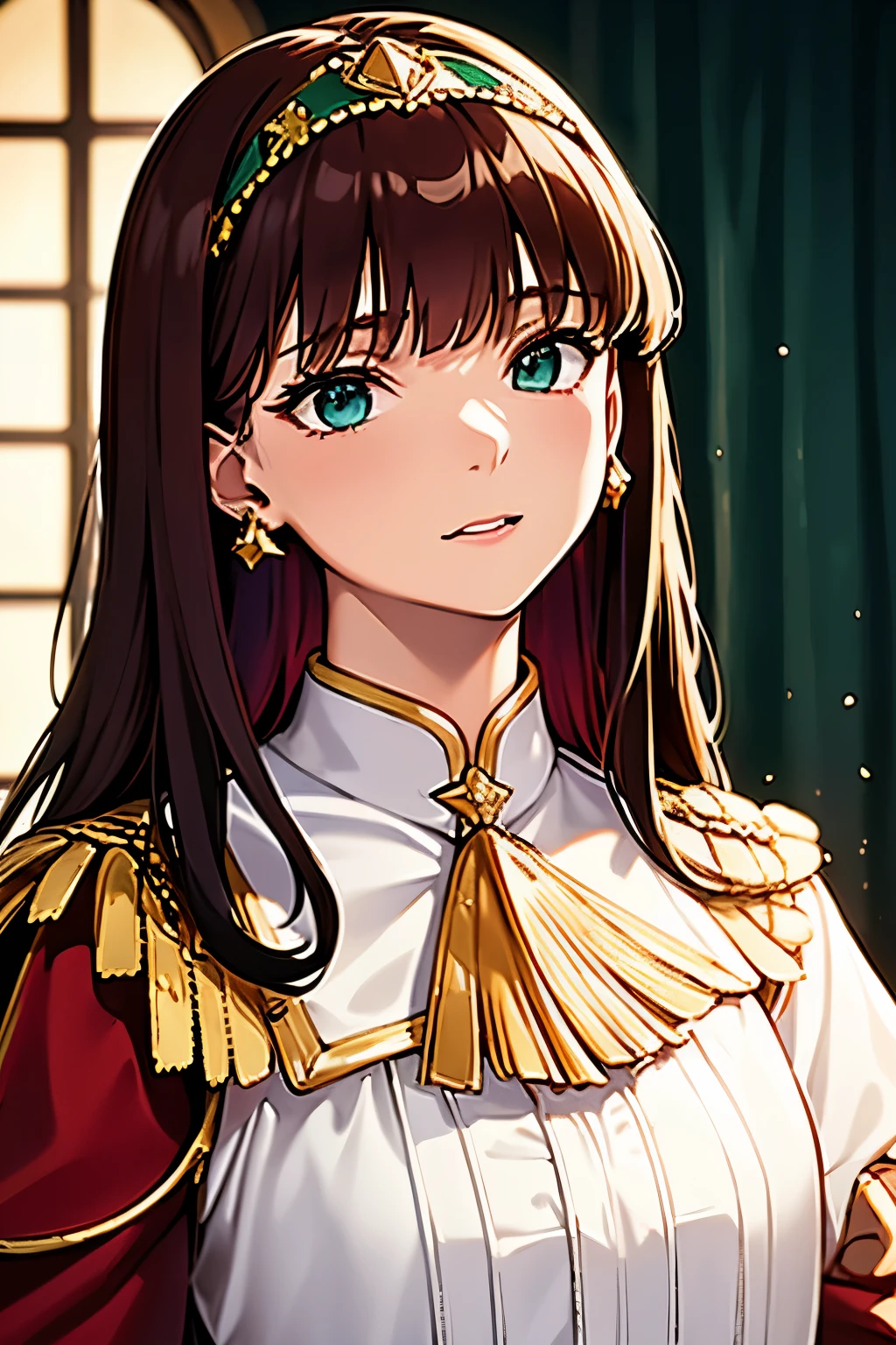 A highly detailed portrait of a young woman in a vibrant and intricate cosplay costume. She has long, straight dark brown hair with soft bangs framing her face. She wears a headband adorned with two glossy, green animal-like ears, and a decorative ribbon with yellow and green accents. Her outfit consists of a luxurious red velvet cape with gold trimmings and glittering details. Underneath, she is wearing a red, black, and white military-inspired jacket with golden buttons and ornate embroidery. The collar and cuffs are accented with black brocade patterns, and a ruffled white lace cravat adorns her neck. Her expression is soft and elegant as she lightly touches her face with her fingertips. The background features a bright indoor scene with a large, soft white curtain, golden star decorations, and rich, red velvet drapes, creating a whimsical and fantasy-like atmosphere. The lighting is bright and even, emphasizing the sparkle in her eyes and the textures of her clothing.