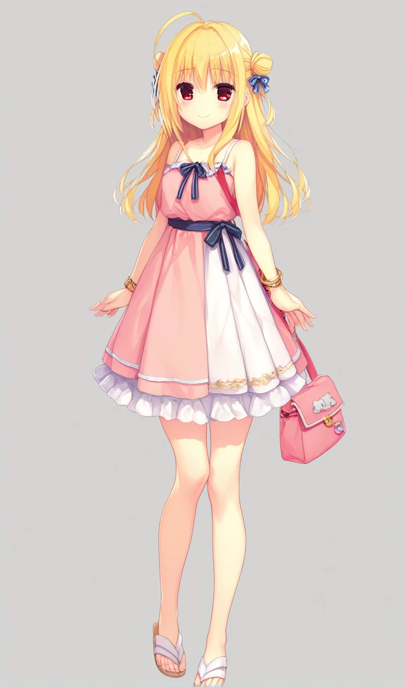 1girl,hiyori-default,red eyes,blonde hair, double bun,ahoge, long hair, Pastel gingham check camisole dress, white flat sandals, simple gold bracelet, ribbon scrunchie, mini shoulder bag, crossbody type, sensitive,questionable,Explicit, smiling, standing, One person、Uplifting, Clean background