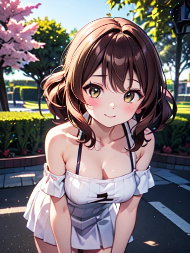 High resolution, Best Quality, super high quality,3D Images、Kumiko、3D Images、Beautiful flowers々Garden in full bloom、Brown Hair、Wavy Hair、Very detailedな CG Unity 8k 壁紙, [3D Images:1.15],Attractive eyes、[[detailed eyes、Colorful eyes、Shining Eyes:1.15]], , Very detailed,Thin fingers、Front View、Cinema Lighting、Yellow front＿Kumiko、super high quality,3D Images ,Blonde、Mouth closed、Absolute reference to the center、Cute for everyone to see、clavicle, Off the shoulder, Sweater dress,Very long hair、Absolute reference to the center、whole body, Alone,Cinematic Lighting、smile、、Beautifully styled hair,Cowboy Shot、Leaning forward,Large Breasts、