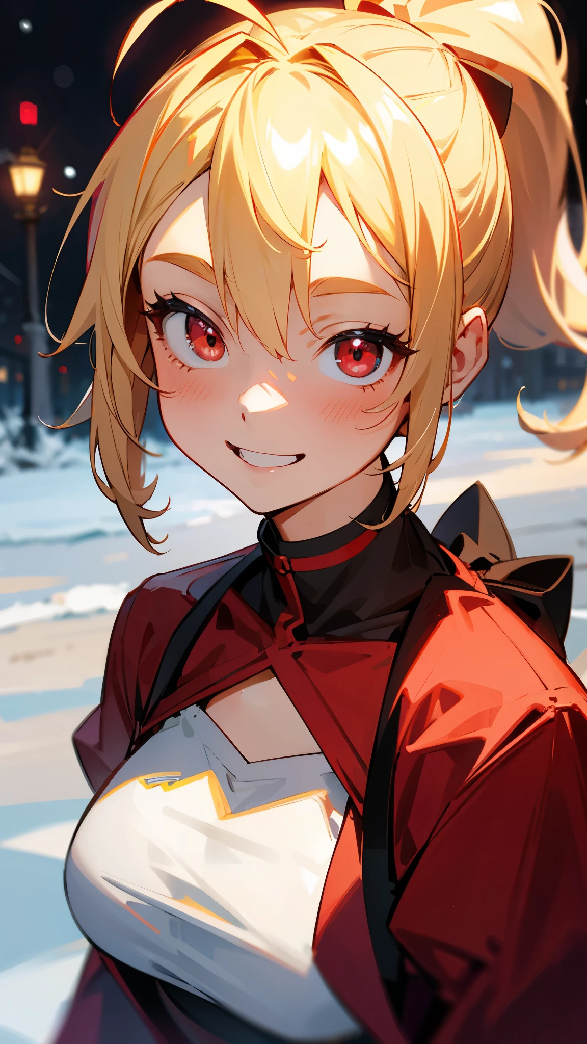 1 girl、Dressed as Santa、Blonde ponytail、Ahoge、Beautiful red eyes、smile、Laughter、Medium size chest、Christmas Outdoor、Subtle details、Upper body close-up、