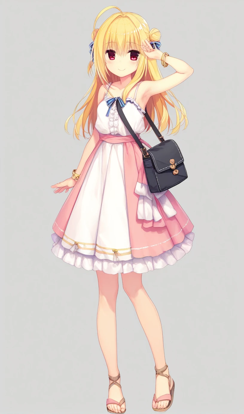 1girl,hiyori-default,red eyes,blonde hair, double bun,ahoge, long hair, Pastel gingham check camisole dress, white flat sandals, simple gold bracelet, ribbon scrunchie, mini shoulder bag, crossbody type, sensitive,questionable,Explicit, smiling, standing, One person、Uplifting, Clean background, Raise one arm, Armpit