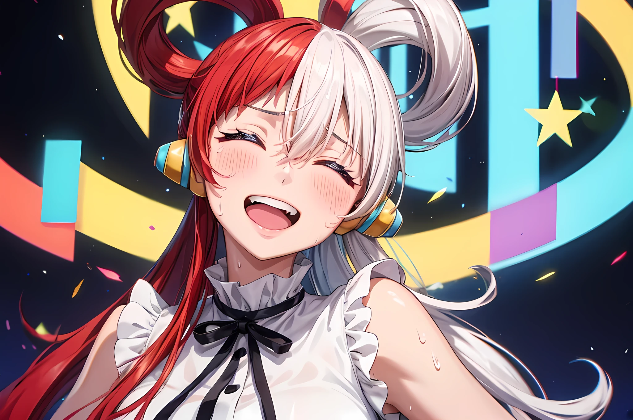 Masterpiece, Best Quality, 8k, Ultra-high resolution, Best Quality, Anime Style, Best Lighting, Beautiful face, The best finger, The best hand, Optimal Eye, Beautiful Makeup, (Captivating eyes:1.3) masterpiece、Best Quality、High Resolution、1 girl、1 girl、The best smile、Having fun、Laughing with your mouth open、(Closed eyes:1.2)、(Sweaty:1.3)、(Live Performance Venues:1.3)、blush、Split color hair、Hair over one eye、Red and white hair、Multicolored Hair、Long Hair、Hair Ring、Gray Hair、bangs、Medium Bust、upper body