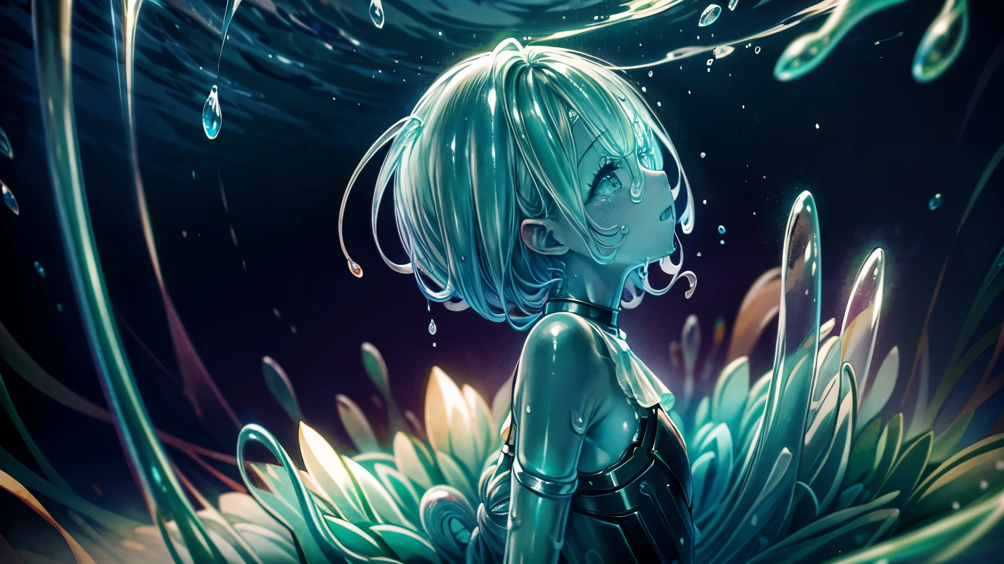 1 girl made of glass, masterpiece, high resolution, top quality, Textured skin, sprawled, about 20 years old, (((transparent body))), glass skin, Optical refraction, reflection, glitter, An anime-style character with a fully transparent, glass-like body. The character's skin reflects light like smooth, clear glass, with subtle highlights and refractions. The body is hollow inside, with no internal organs visible, and the surrounding light passes through, casting delicate shadows and reflections, A girl with transparent skin whose body is made of glass. Her clothes are made of ordinary cloth, not transparent, pinned on back, arms bound, wrists bound above, restrained by tentacles, tickled from side, tickled by light blue tentacles, ticklish expression, twisting, restrained, suffering, floating, laughing tears, drooling, sweating