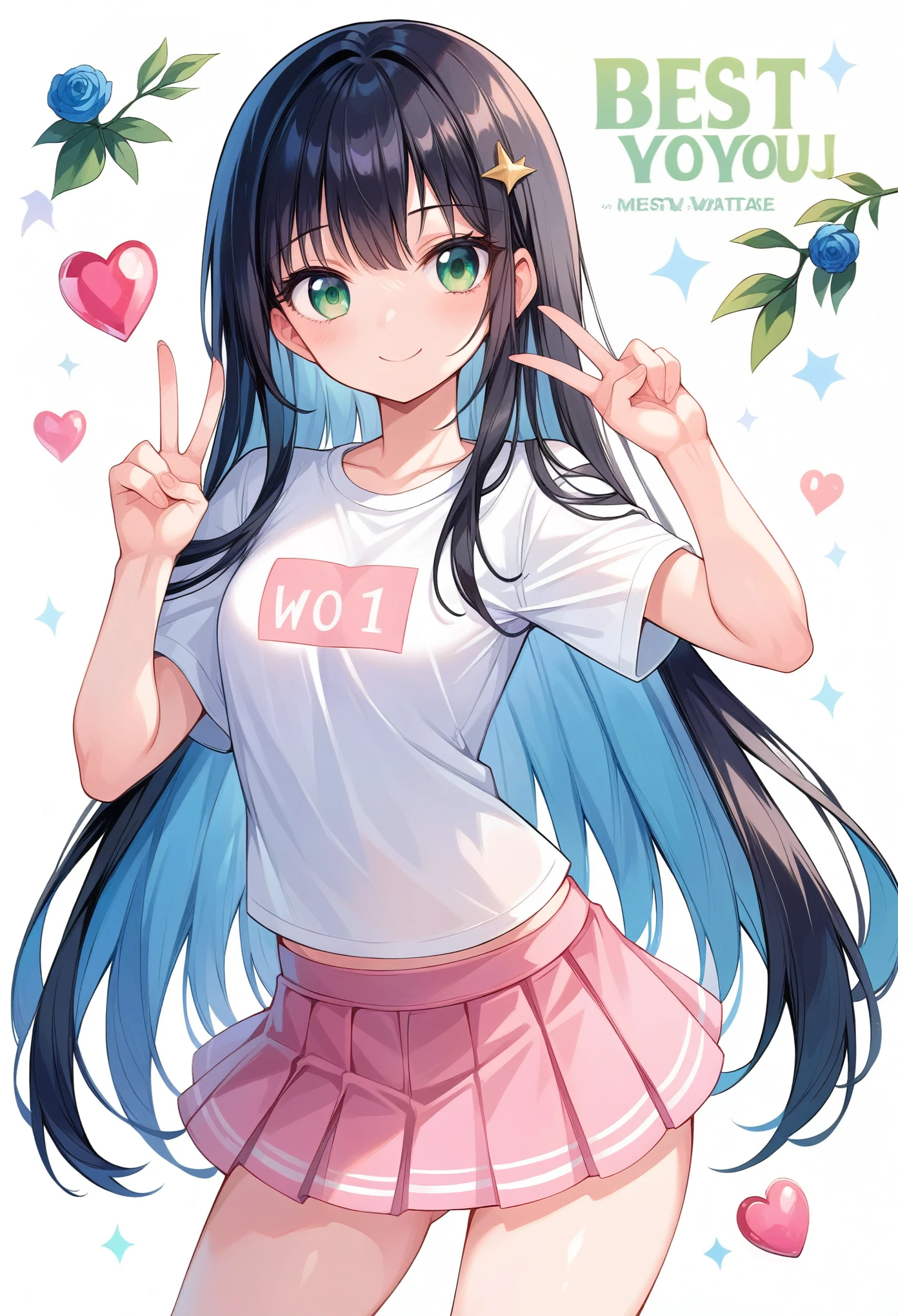 ((Best Quality, 8k, masterpiece: 1.3)),Human Girl,((Petite,Glamorous Body,Curvy)),cute,Smiling face,((Long black hair)),Beautiful emerald green eyes,Peace sign with both hands,White T-shirt,Pink mini skirt,Cowboy Shot,The background is light blue,cover "Thank you1100",
