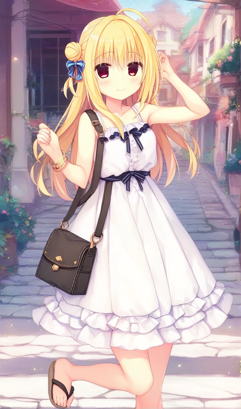 1girl,hiyori-default,red eyes,blonde hair, double bun,ahoge, long hair, Pastel gingham check camisole dress, white flat sandals, simple gold bracelet, ribbon scrunchie, mini shoulder bag, crossbody type, sensitive,questionable,Explicit, smiling, standing, One person、Uplifting, outside, Raise one arm, Armpit, Close Shot