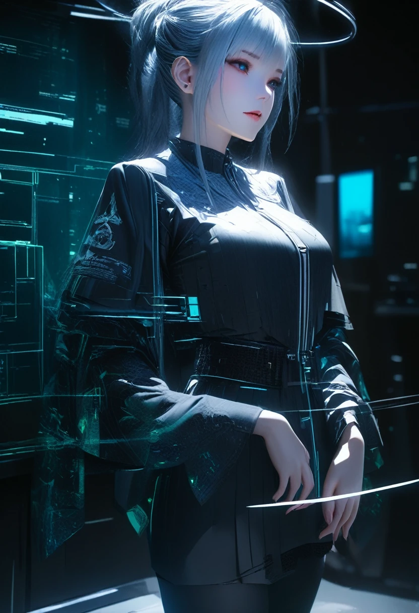 beautiful female archbishop is projected on a holographic device and tells something, background analyzer lab room, cyberpunk, BREAK delicate and dynamic textures, contrasts of light and shadow, 3D rendering, artistic photography, hyper realistic, digital graphic CG art, BREAK ultra detailed, absolutely resolution, best quality