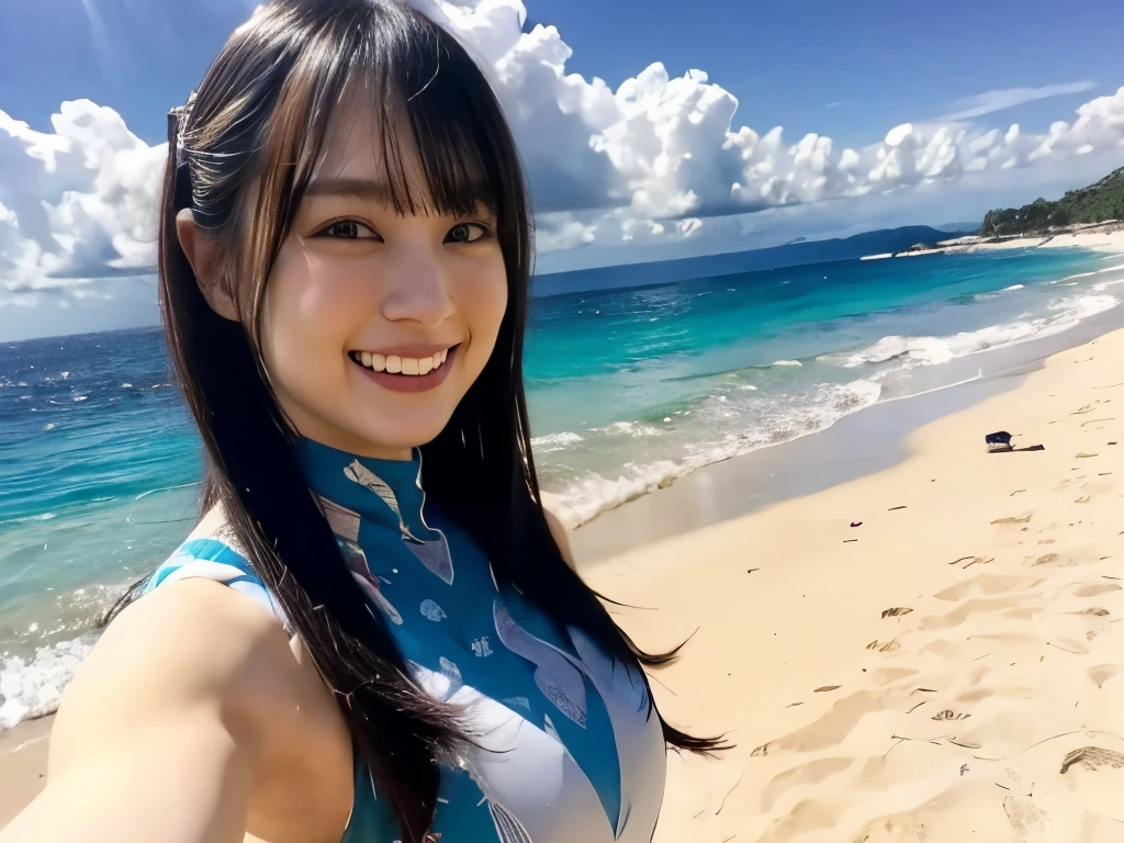 A woman is in the water on a surfboard, Accidentally taking a selfie, Beautiful woman taking a selfie of the beautiful beach, To the camera view,real photo 8k,Have idol-like charm,Create vibrant and dynamic poses for female voice actor images,She is full of confidence,Has the expressive power to captivate the audience,Her outfit is elegant and sophisticated,It incorporates pop elements like idols,Her pose is powerful,Lively,Creating visual excitement,The background is bright and beautiful beach,The design is intended to accentuate her charms,Her face is bright、The smile and pose are natural and flowing.Images are expected to be visually appealing and memorable