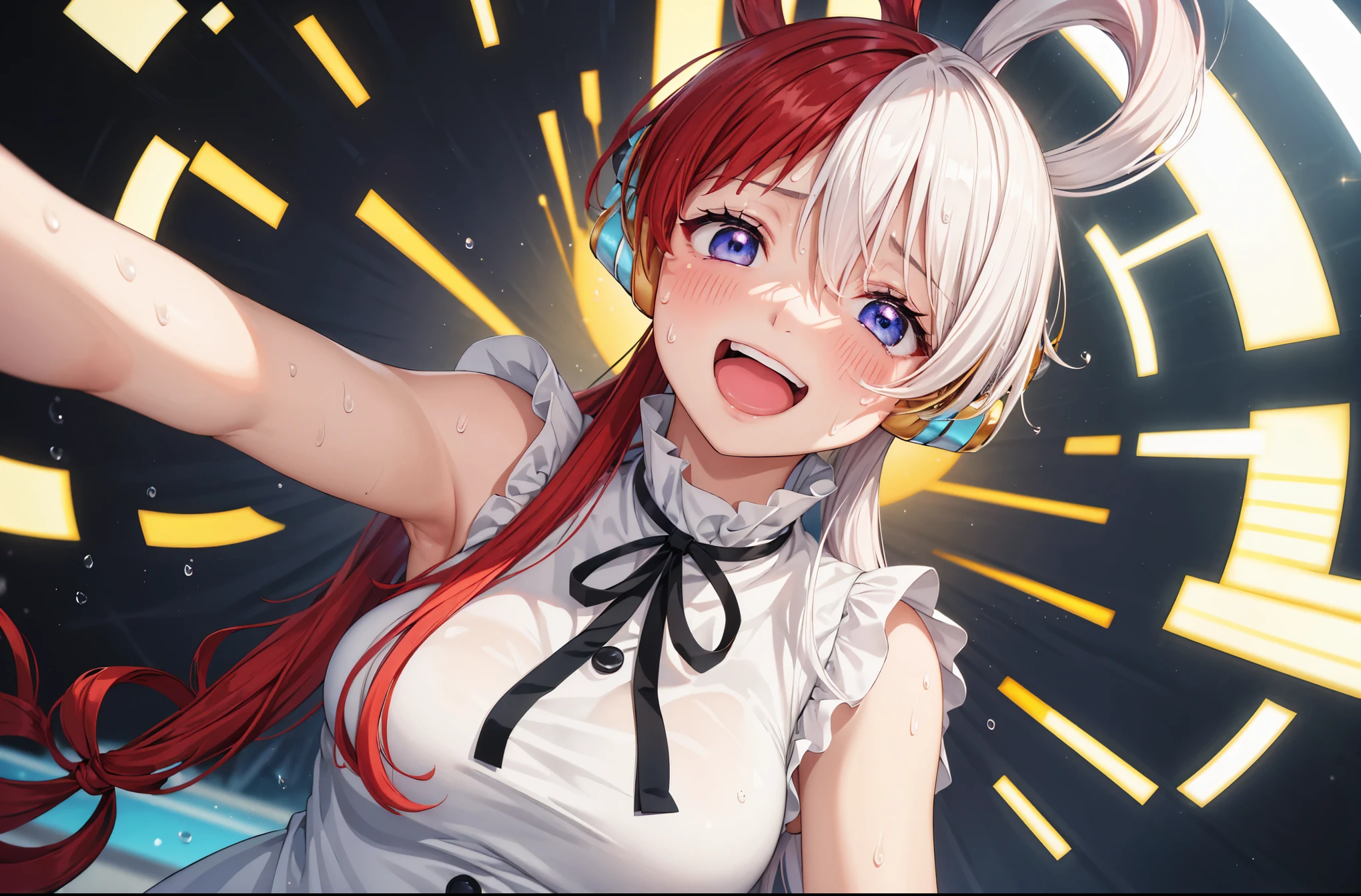 Masterpiece, Best Quality, 8k, Ultra-high resolution, Best Quality, Anime Style, Best Lighting, Beautiful face, The best finger, The best hand, Optimal Eye, Beautiful Makeup, (Captivating eyes:1.3) masterpiece、Best Quality、High Resolution、1 girl、1 girl、The best smile、Having fun、Laughing with your mouth open、(Closed eyes:1.2)、(Sweaty:1.3)、(Live Performance Venues:1.3)、blush、Split color hair、Hair over one eye、Red and white hair、Multicolored Hair、Long Hair、Hair Ring、Gray Hair、bangs、Medium Bust、upper body