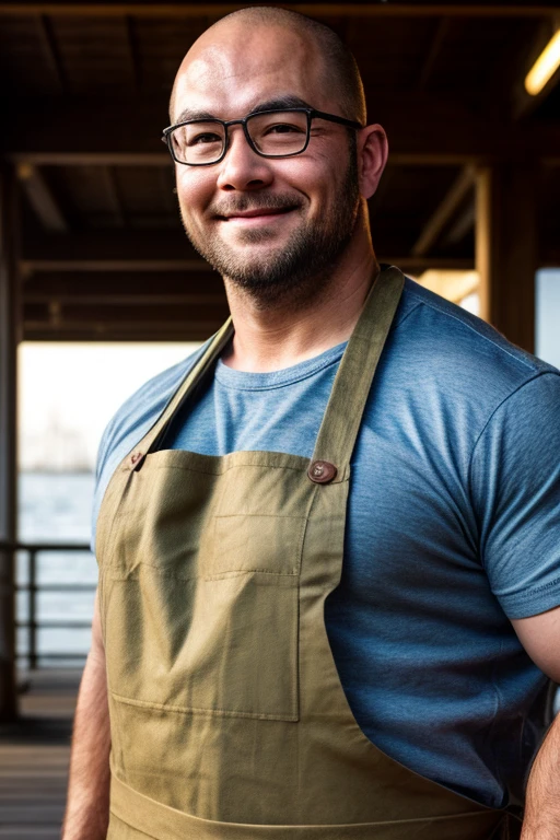 An award-winning original photo, A musclebear man, Japanese man, ((fisherman)), (30 years old daddy: 1.1), 1 man, Solo, white headband, (brown apron), green t shirt, broad shoulders, strong physique, bald, hairy arms, chubby and stout, stubbles (Detailed body), realistic eyes, (glasses), smiling, looking at viewer, lighting (Best quality, high resolution, Photorealistic), Cinematic lighting, Masterpiece, RAW photo, Intricate details, hdr, depth of field, upper body and face shot (realistic: 1.4), (from the front), pier in the background, daylight