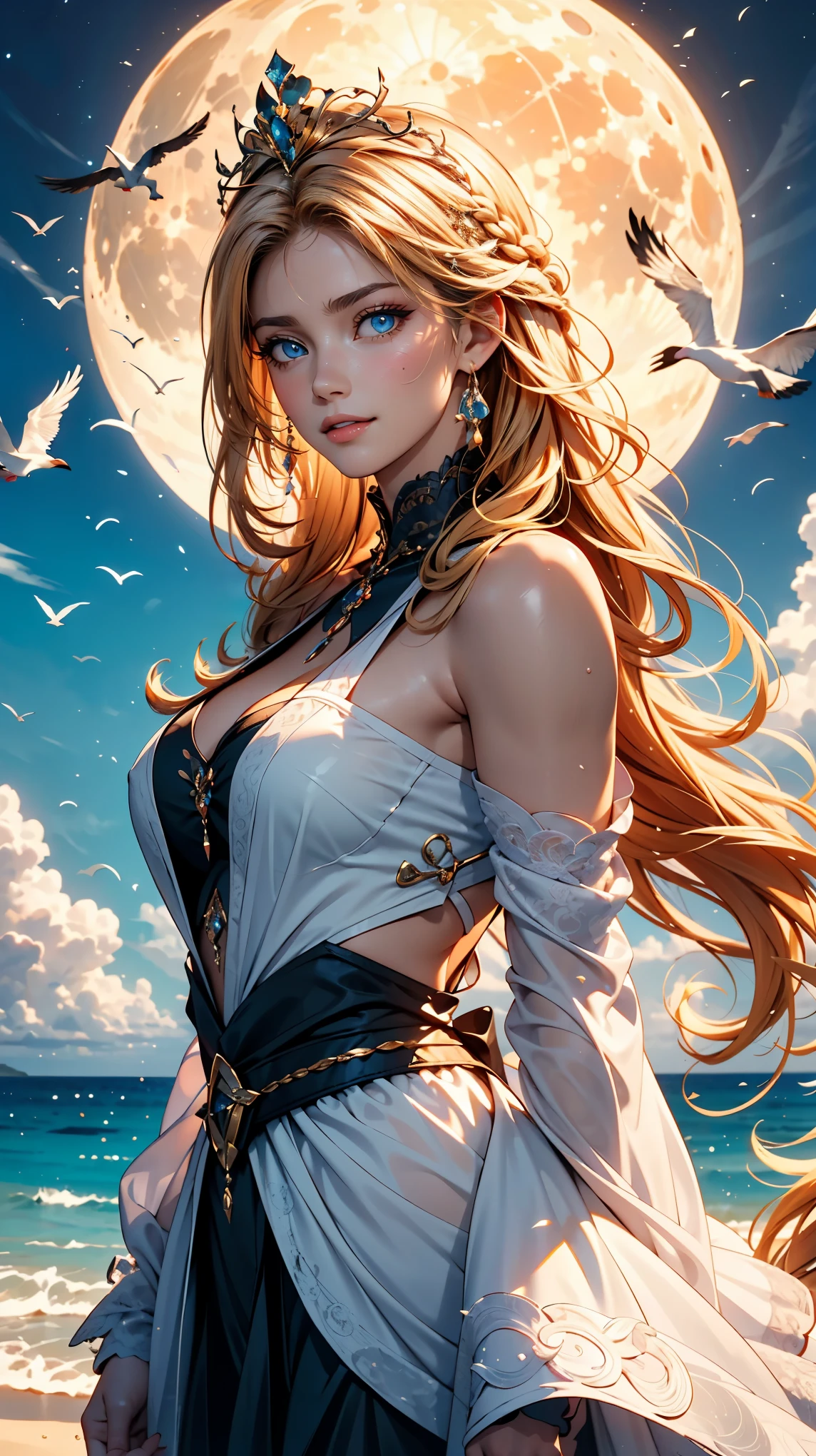 ,((Highest quality))),8k,((masterpiece)),(Very sophisticated and beautiful), A girl emerges from the sea, The Swan Princess of Russian Mythology, Beautiful calm face, blue eyes, Long blonde hair braided, Moon braid at the back of the head, With a kokoshnik crown on his head、White and shiny old Russian clothing, Loving eyes, Half-laugh, There was a gentle look on his face, Background seascape and sunlight, Seagulls in the sky, full length, realism
