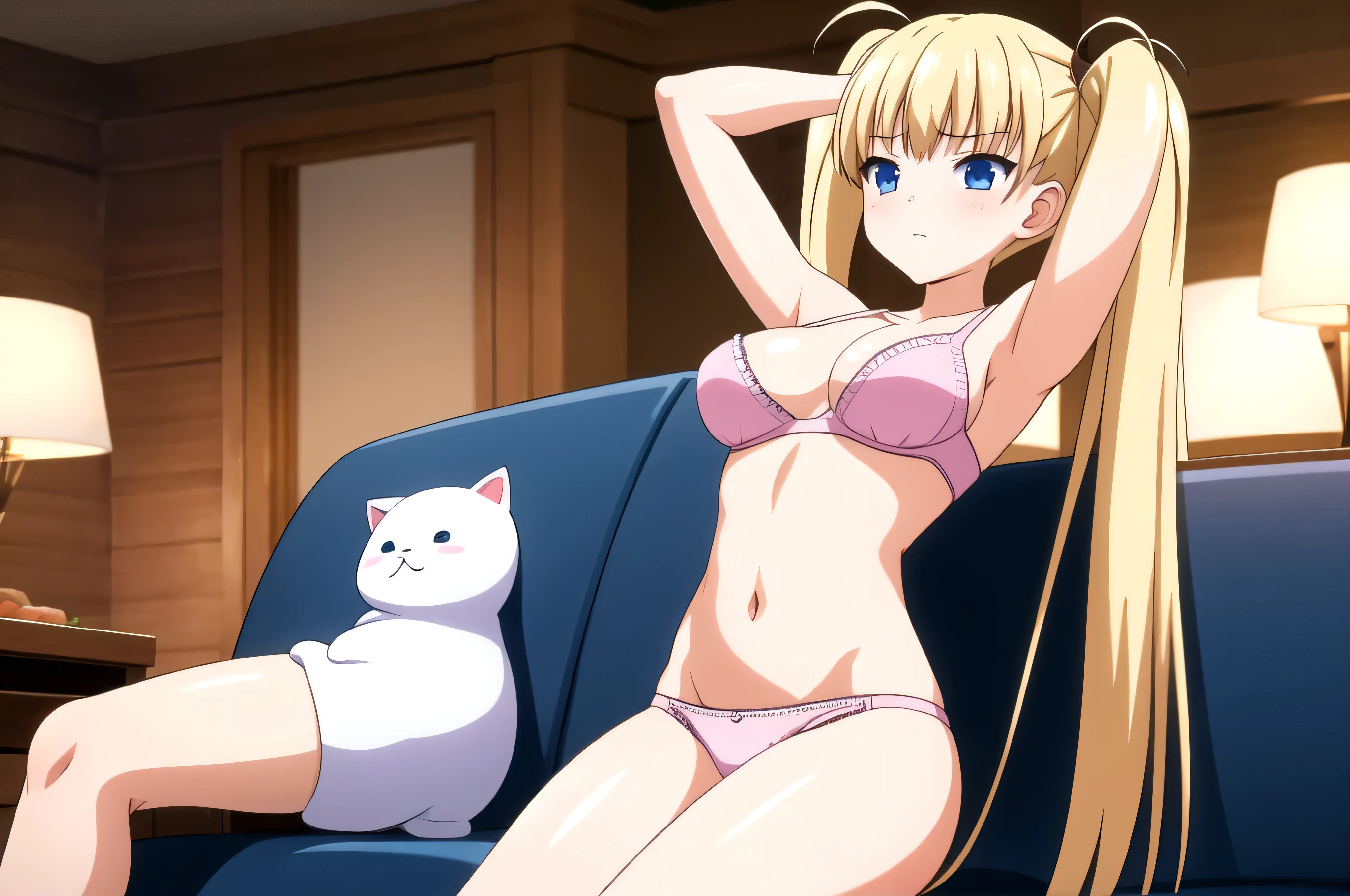 (masterpiece, Best Quality:1.2), absurdities, perfect anatomy, owtech, stylized, solo 1 girl, blunt bangs, Focus only, Soft lighting,  (blue eyes), blonde hair, very long hair, twintails, Airi Akizuki, breast, navel, A beautiful and seductive girl, sexy body, living room, couch, she is sitting with her legs open, she is without a bra, she is wearing pink panties, her arms are behind her head,